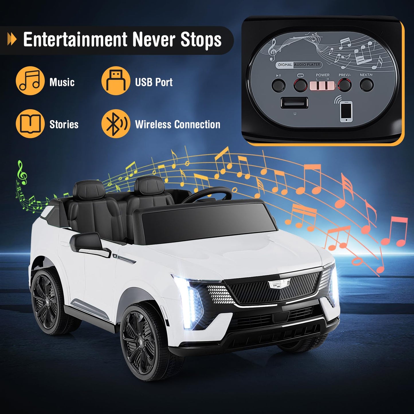Costzon 2 Seater Ride on Truck, 24V Licensed Cadillac Kids Car Electric Vehicles w/Remote Control, 3 Speeds, LED Lights, Horn, Music, Story & 4-Wheel Spring Suspension, Ride on Car Toy for 3+ (White)
