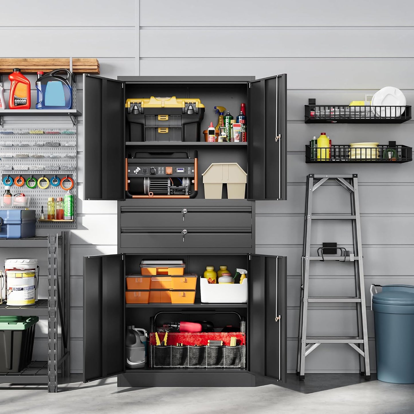 Letaya Metal Garage Storage Cabinet,71" Heavy Duty Steel Tool Cabinet with 4 Door Lock-Adjustable Shelves and 2 Drawer for Garage Home Office Utility Room (Black)