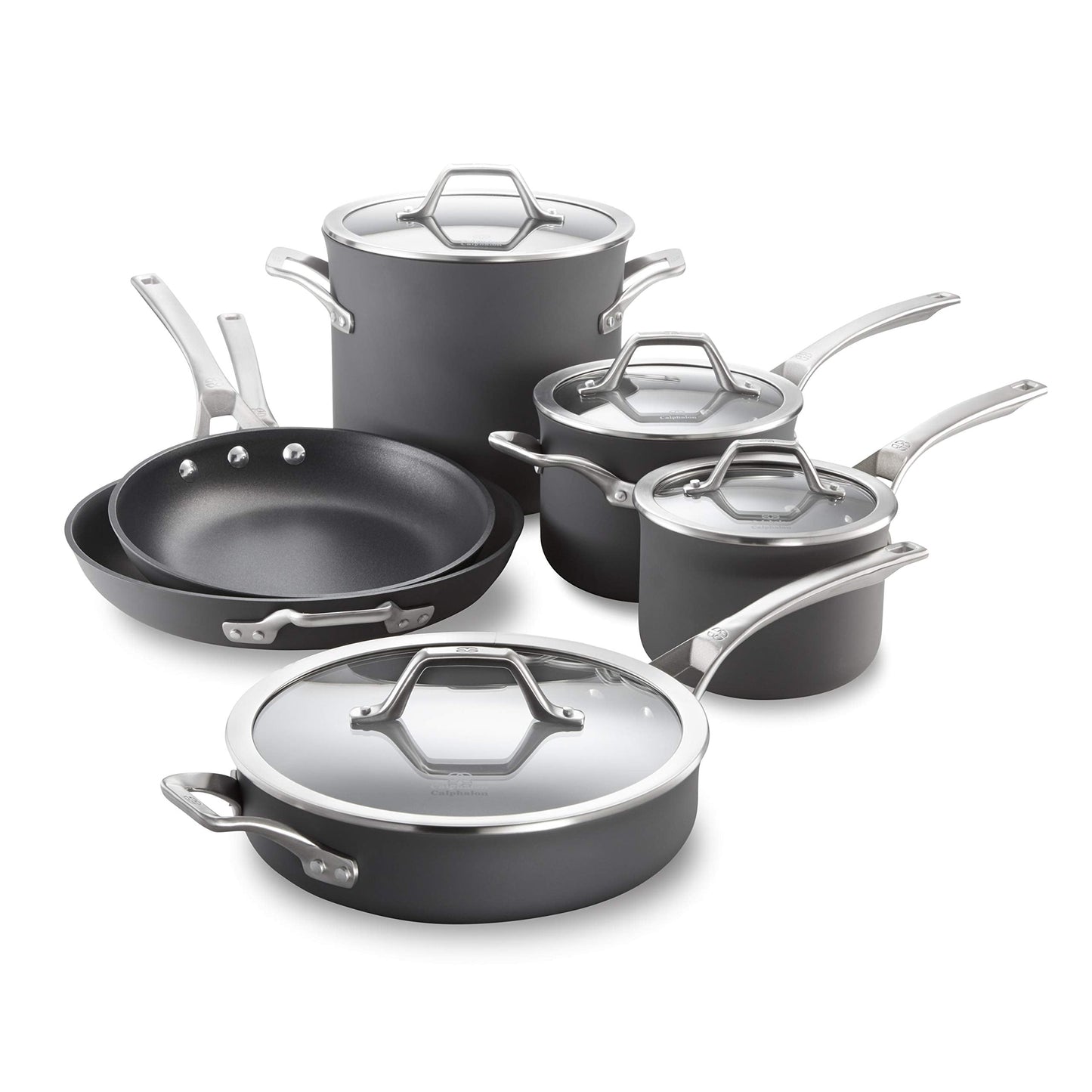 Calphalon 10-Piece Nonstick Kitchen Cookware Set Stay-Cool Stainless Steel Handles Dishwasher and Metal Utensil Safe Oven-safe up to 500 degrees F PFOA-Free Built to Last Black