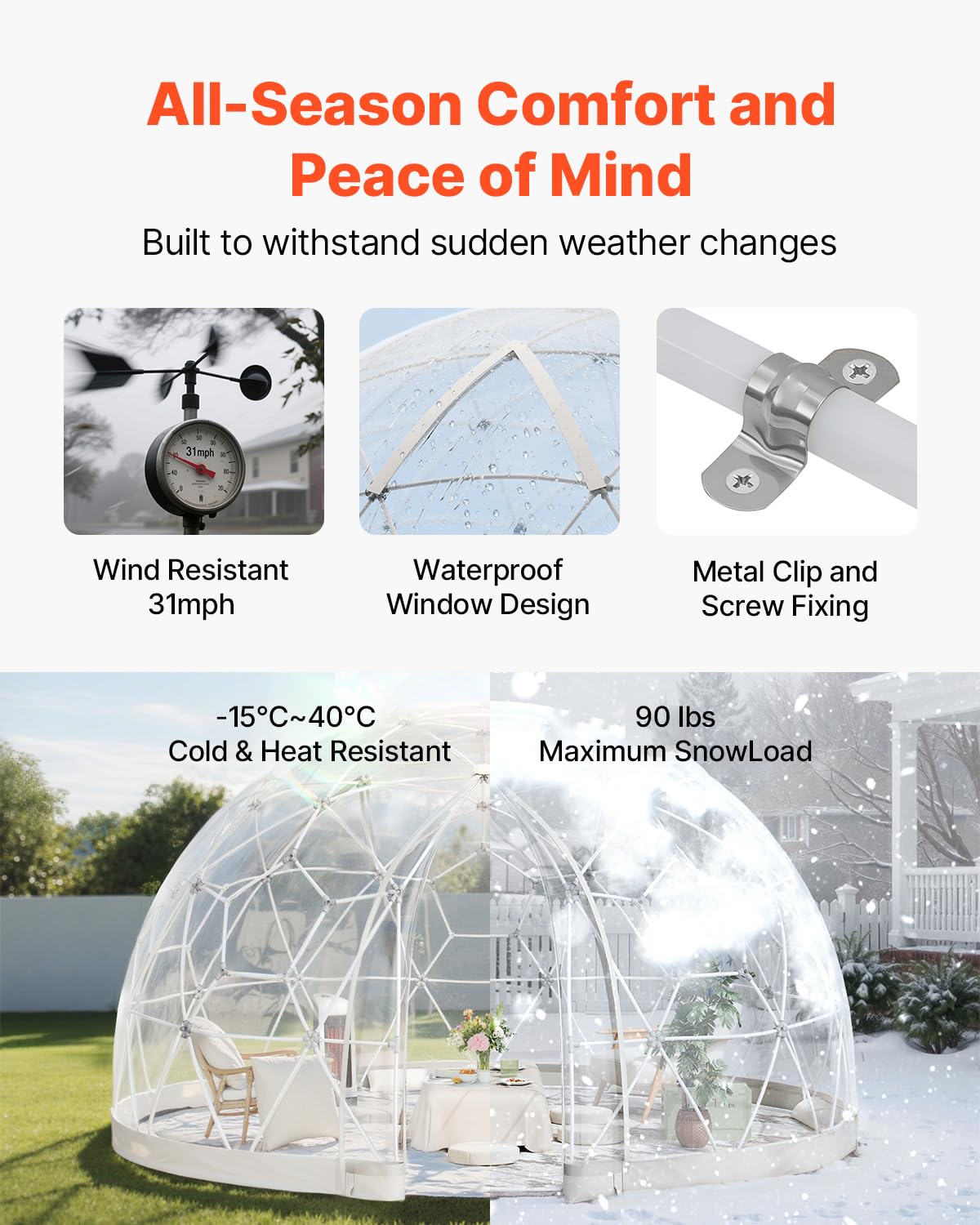 VEVOR Garden Dome Tent, 12 x 7.2 ft Clear Bubble Tent House for 4-7 Person, Waterproof PVC Geodesic Dome Greenhouse with Ventilated Window, Outdoor Igloo Tents for Patio Backyard Party Camping