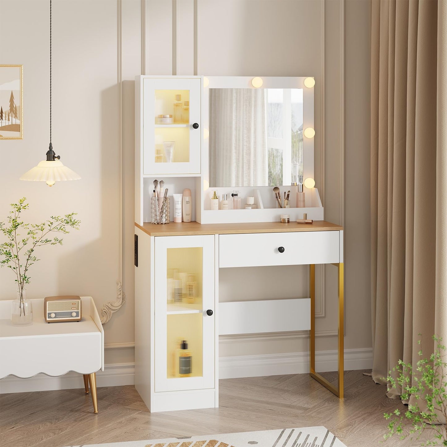 GarveeHome Makeup Vanity Desk with Mirror and Lights, Vanity Table with Charging Station, 2 Compartments, 2 Acrylic-Door Cabinets & RGB Lights, Dressing Table for Bedroom, White and Natural