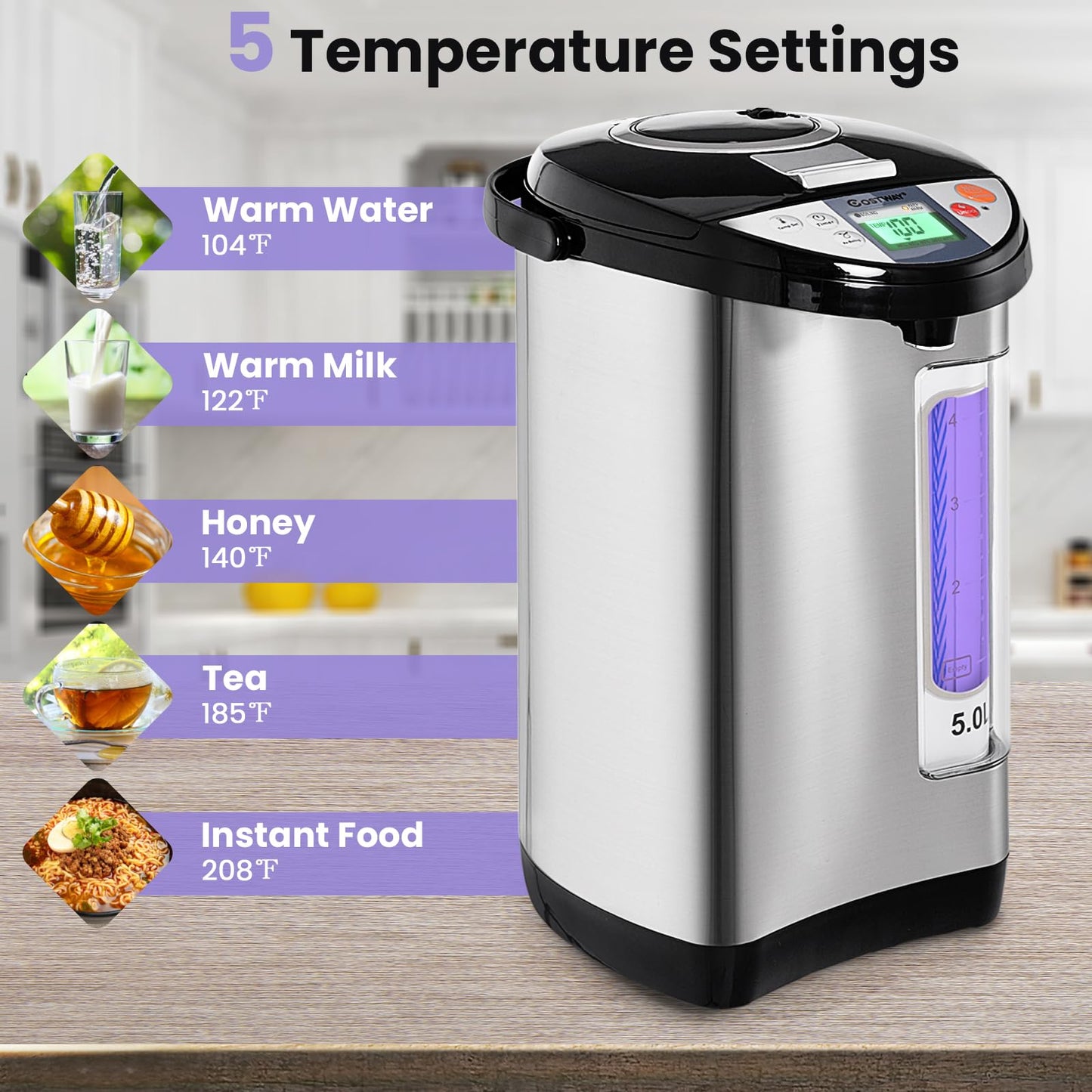 KOTEK Electric Hot Water Boiler and Warmer, Hot Water Dispenser, Stainless Steel Water Boiler w/5 Stage Temperature Settings, Safety Lock, Electric Hot Water Pot, 5-Liter