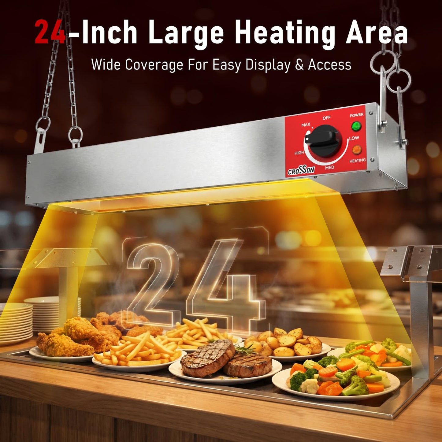 CROSSON Electric Food Heat Lamp 24 Inch Commercial Food Warmer Strip Heater with German EGO Thermostat,Dual Installation Options for Buffets & Parties,500W