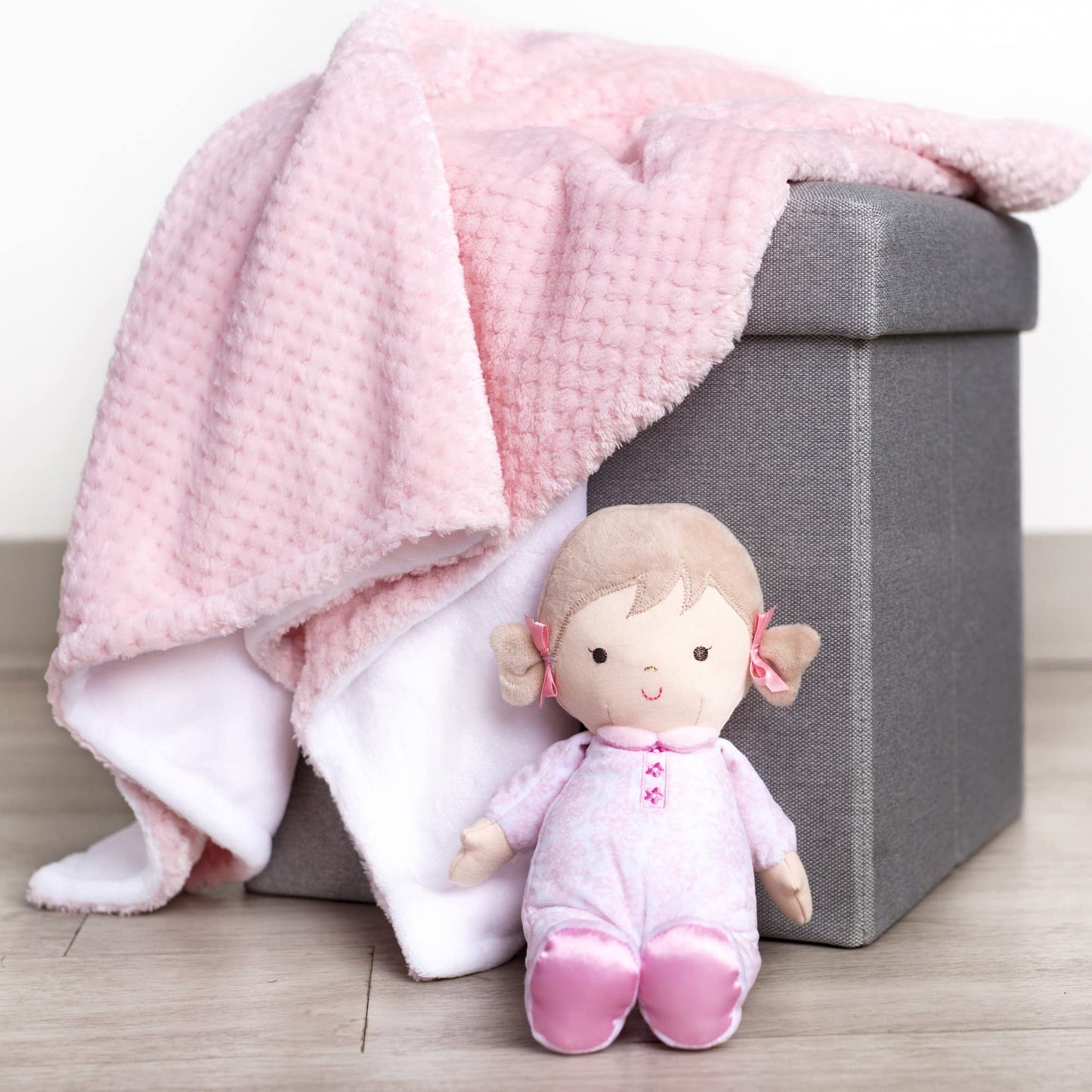 Little Me Plush 11 inch Baby Doll with Rattle, Brigitte (Floral Damask, Pink)