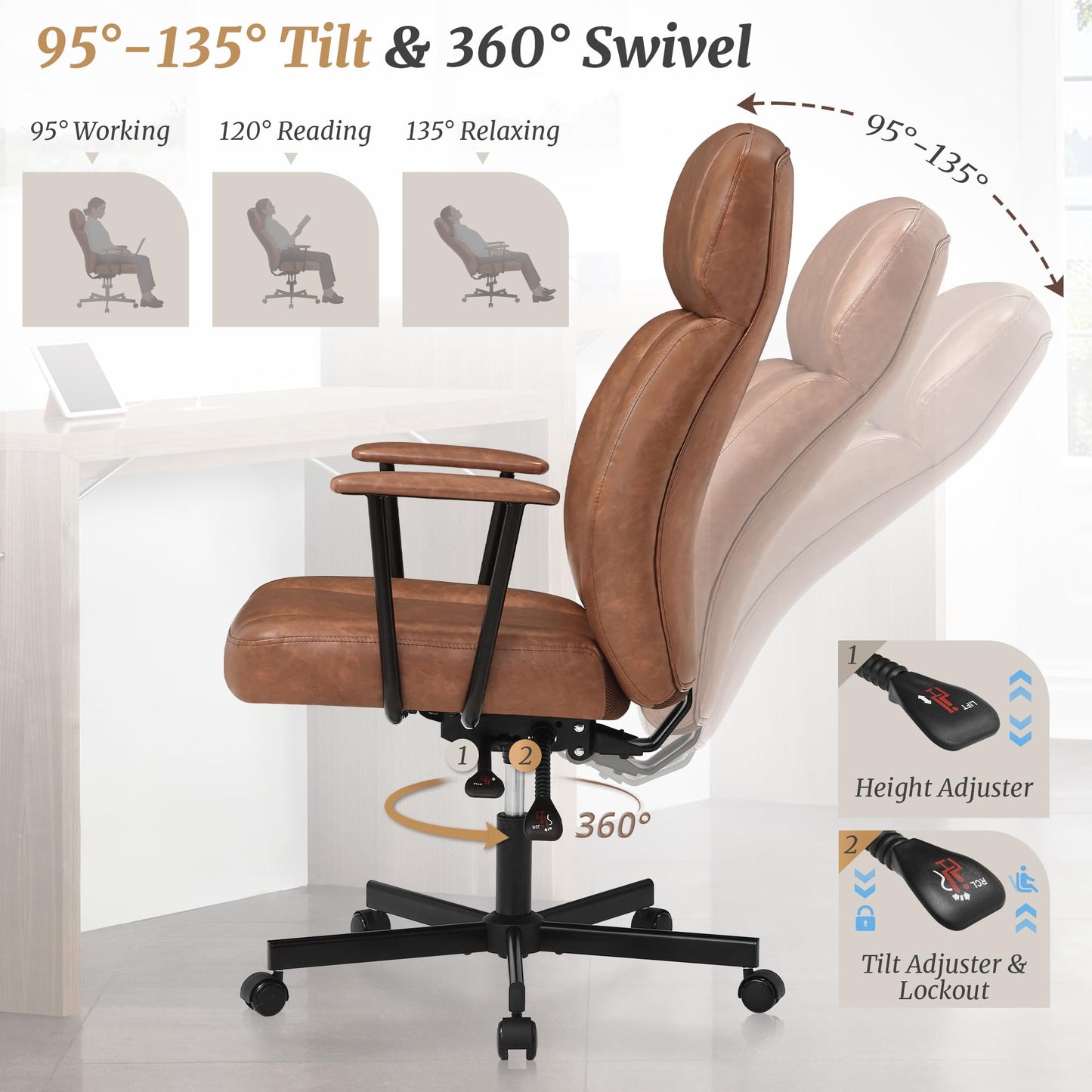 Cozyman High Back Office Desk Chair, Breathable Ergonomic Leather Chair with 5-Layer Seat Cushion with 135°Reclining Lumbar Support Adjustable Height Rolling Swivel Executive Armrests Chair, Brown