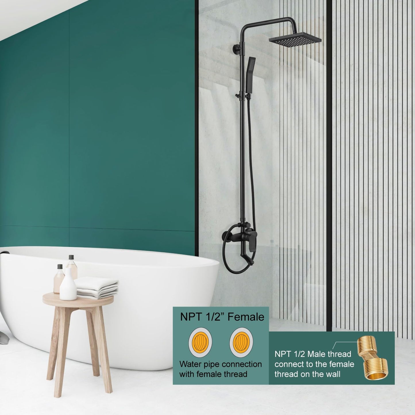 Heyalan Matte Black Rain Shower System Set,Exposed Shower System 3 Functions Bathroom Shower Faucet 8 Inch Swivel Rainfall Shower Head Handheld Complete Set Tub Spout Wall Mount