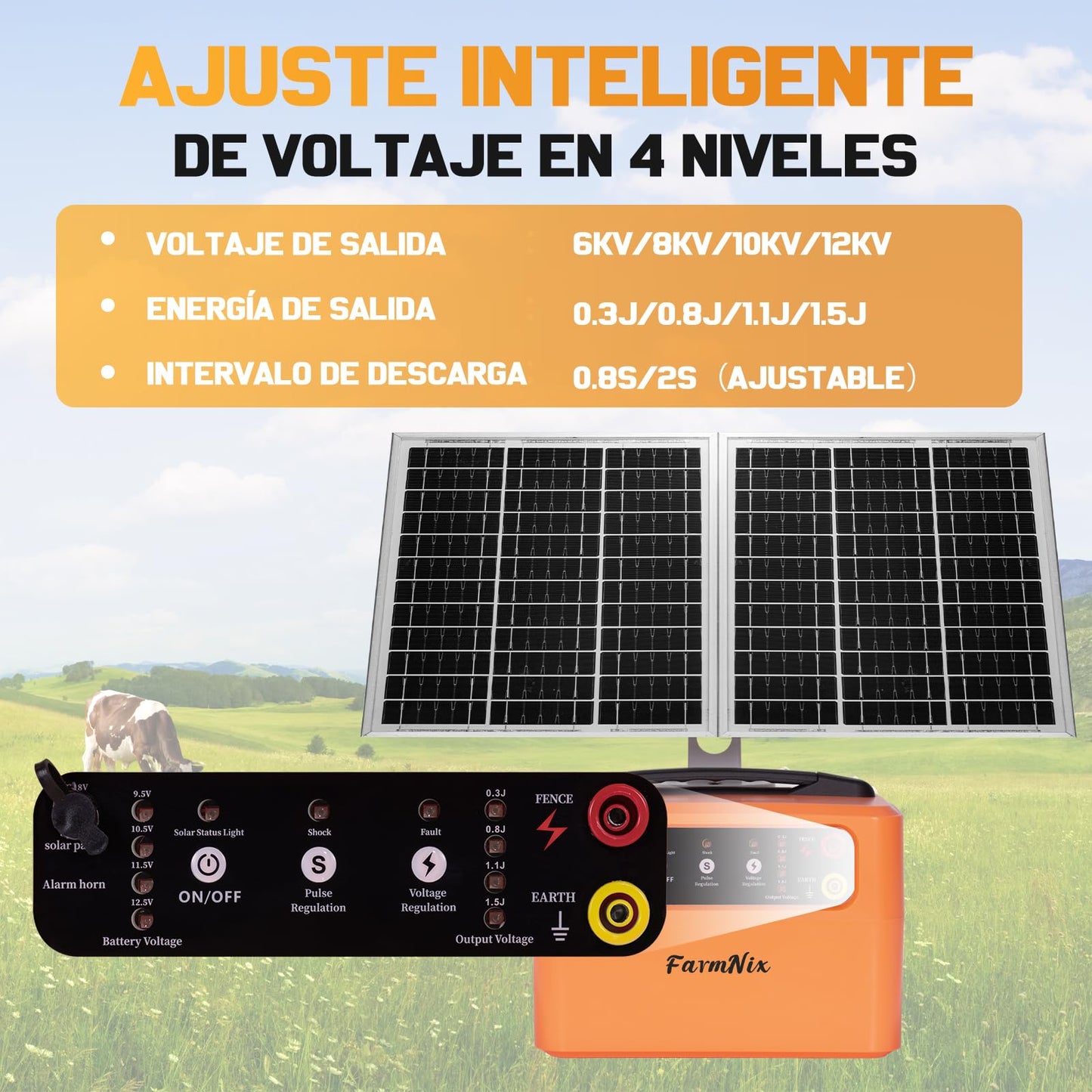 30 Miles/48km Solar Electric Fence Charger,15W Solar Powered Fencer with Adjustable 6KV to 12KV Output (0.3J-1.5J),Battery Level LCD Display,All-Weather Kit for Livestock,Deer,Farm,Yard