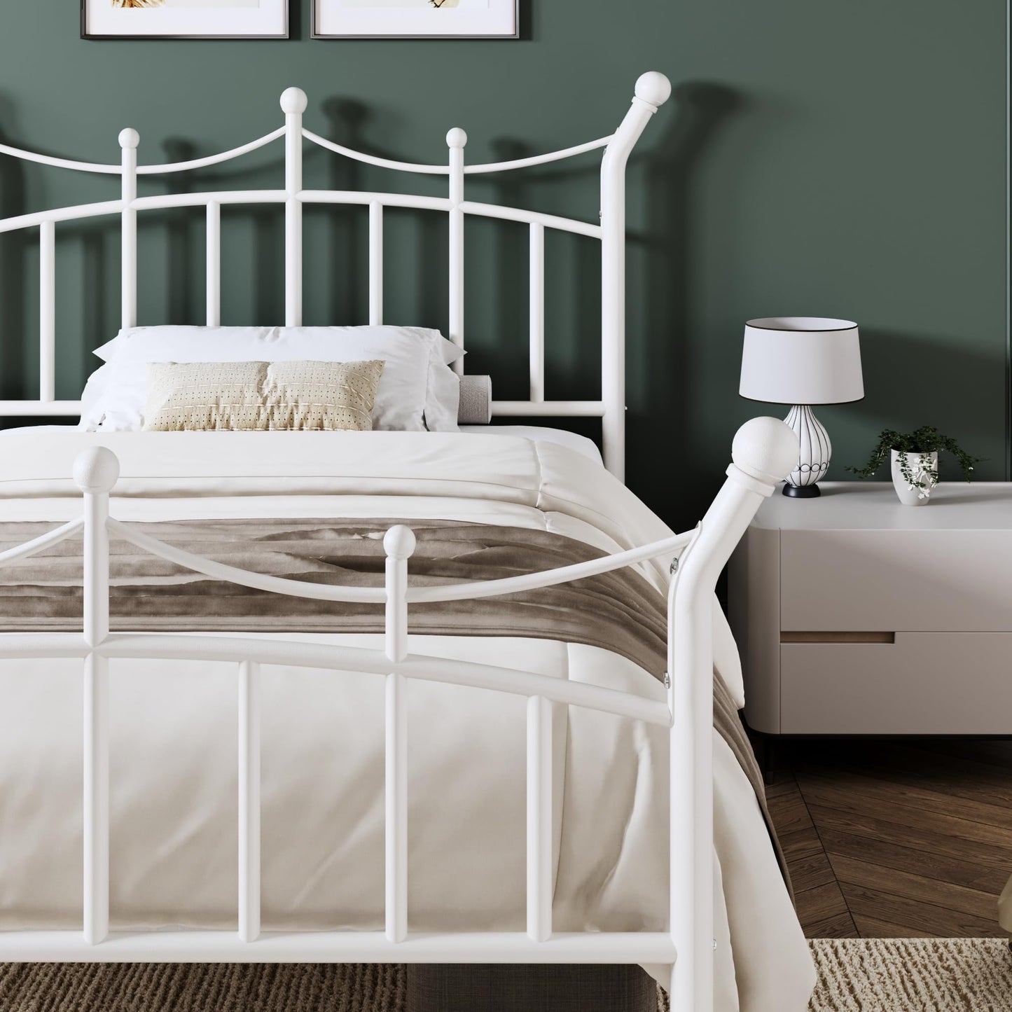 Allewie 14 Inches Twin Size Metal Platform Bed Frame with Elegant Crown Iron-Art Headboard & Footboard, Sturdy Mattress Foundation with Under-Bed Storage, Easy Assembly, No Box Spring Needed, White
