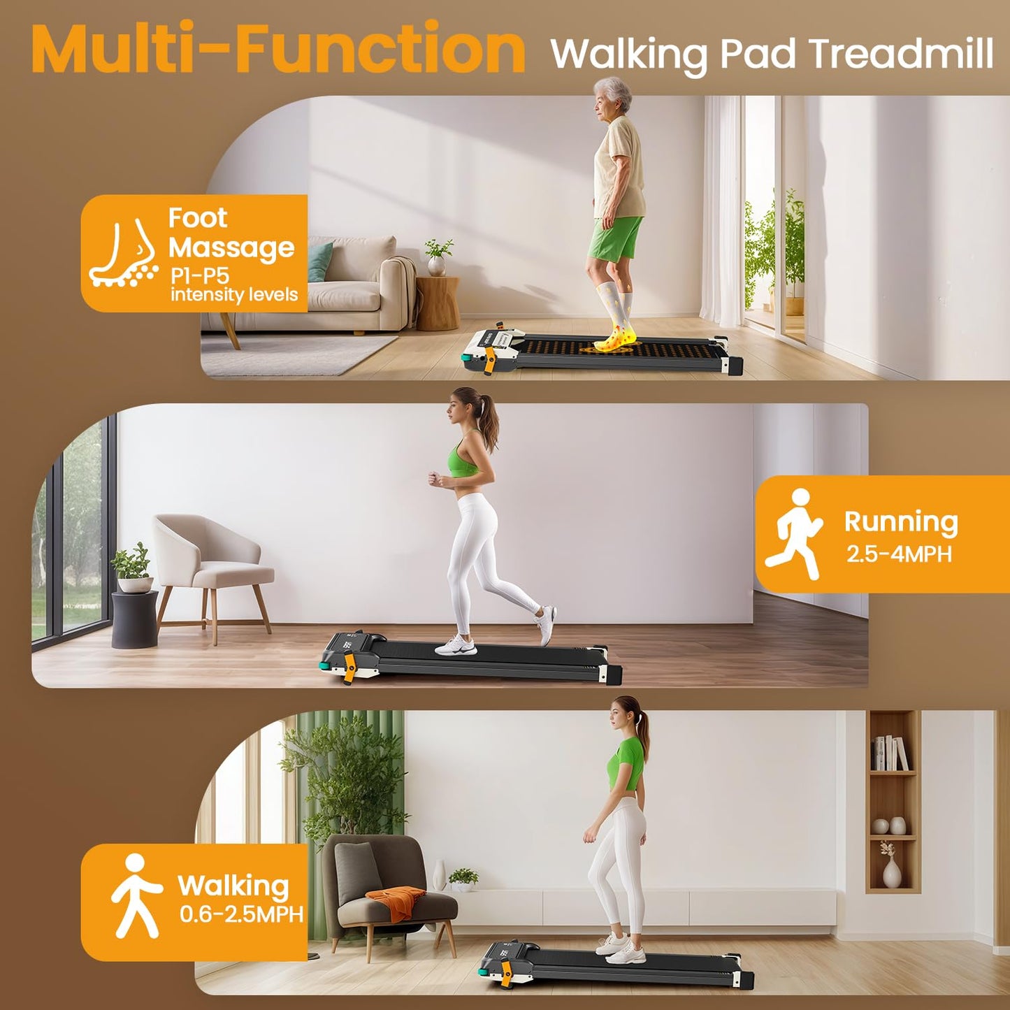 FINEHORSE 2 Side Walking Pad with Incline, 2 in 1 Under Desk Treadmills Walking Pad and Foot Massager for Home/Office, Portable Treadmill with Remote Control LED Display (Black)