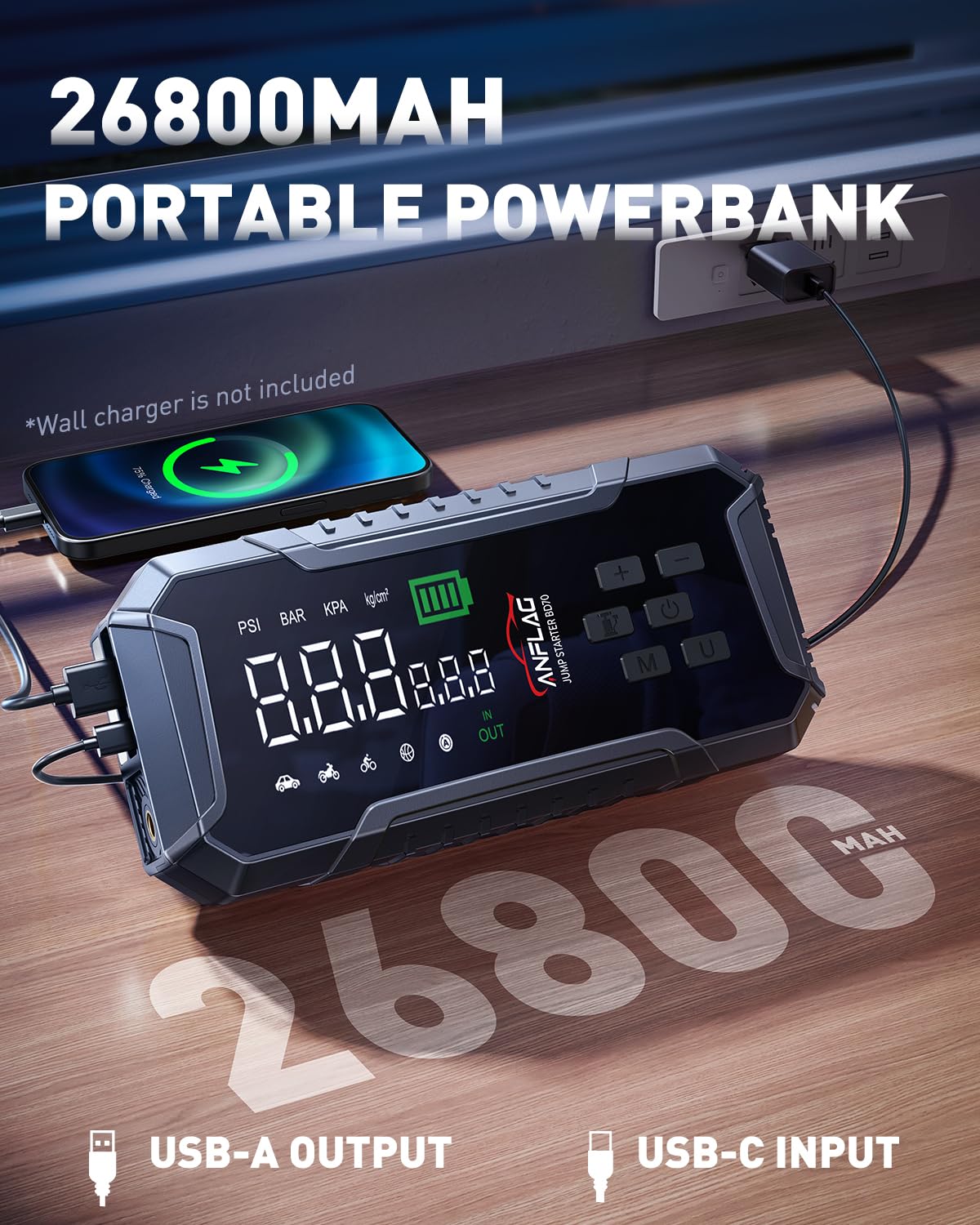 ANFLAG Car Jump Starter with Air Compressor 160PSI, 7000A Car Battery Jumper Starter Portable 12V Jump Box(All Gas/12L Diesel), Cordless Tire Inlfator, 26800mAh Powerbank, Led Lights, Safety Hammer