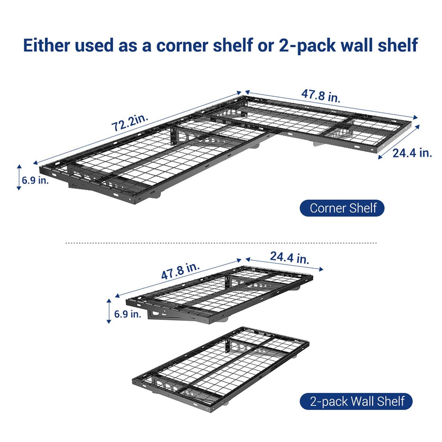 FLEXIMOUNTS 3x6 Overhead Garage Storage Rack, plus 2-Pack 2x4ft Corner Wall Mounted Floating Shelves, 450lbs+440lbs Capacity, Heavy-Duty Garage Organizer, Black