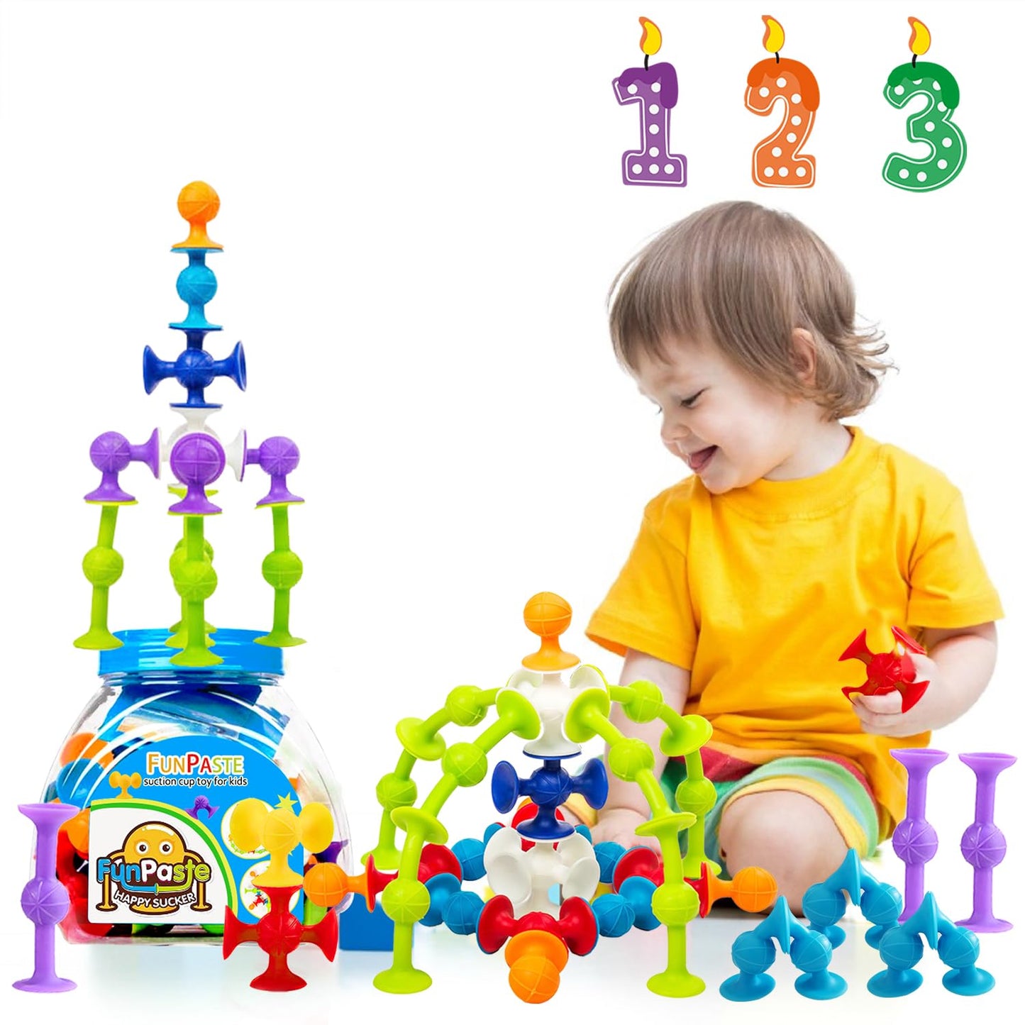Suction Bath Toys for Baby, 47 Piece Starter Set Suction Cup Toys Stocking Stuffers Pop Darts Preschool Sensory Fidget Toys for Toddlers 1-3 4-8 | No Hole Bath Toy | BPA Free (Large)