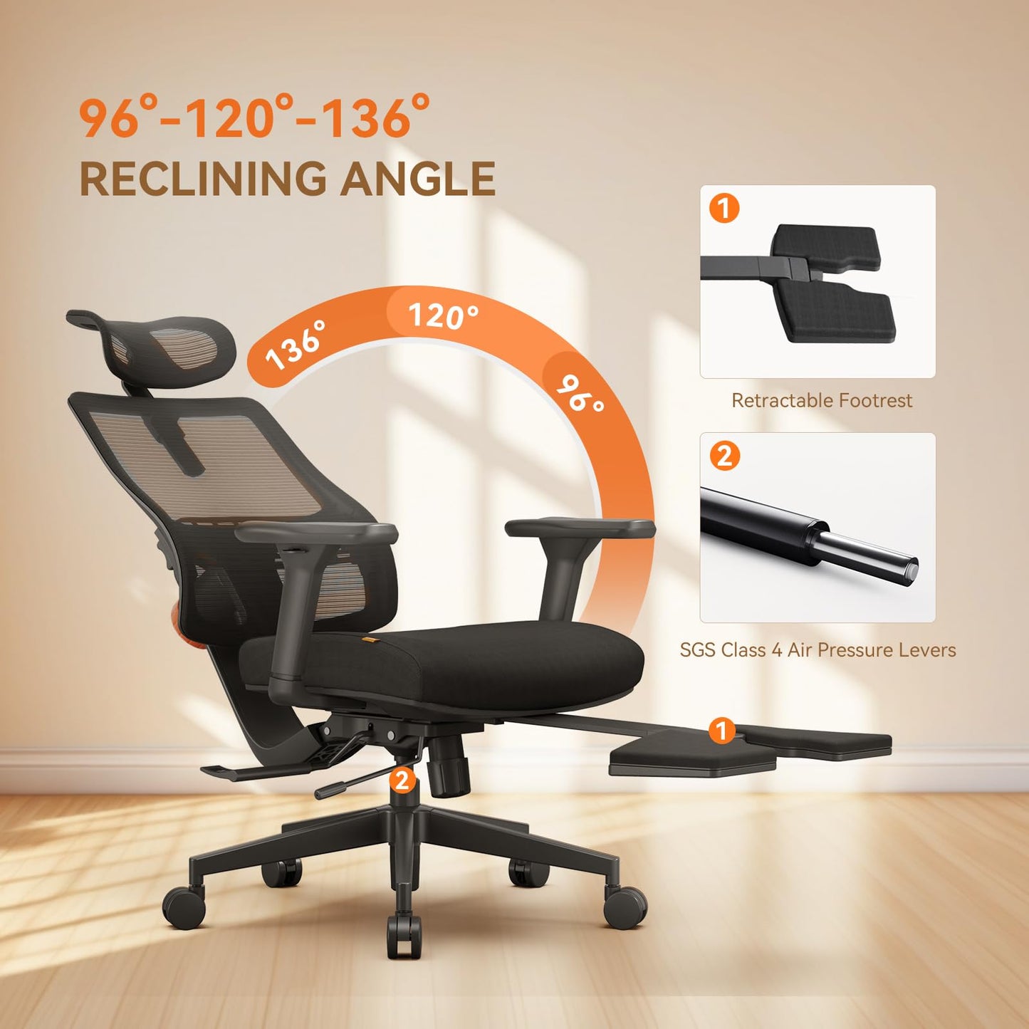 Newtral Ergonomic Office Chair with Footrest, Auto-Adjusting Lumbar Support, 4D Armrests & High Back - Adjustable Seat Depth, Height & 136° Tilt for Home Office & Gaming