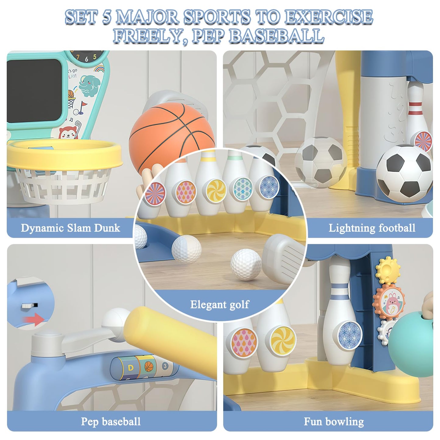 5-in-1 Toddler Sports Toys Activity Center: Includes Basketball Soccer Bowling Baseball Golf, Toddler Basketball Hoop Indoor with Adjustable Height 1-3 Year Old Boys Girls Toys, Toddlers & Baby Gift