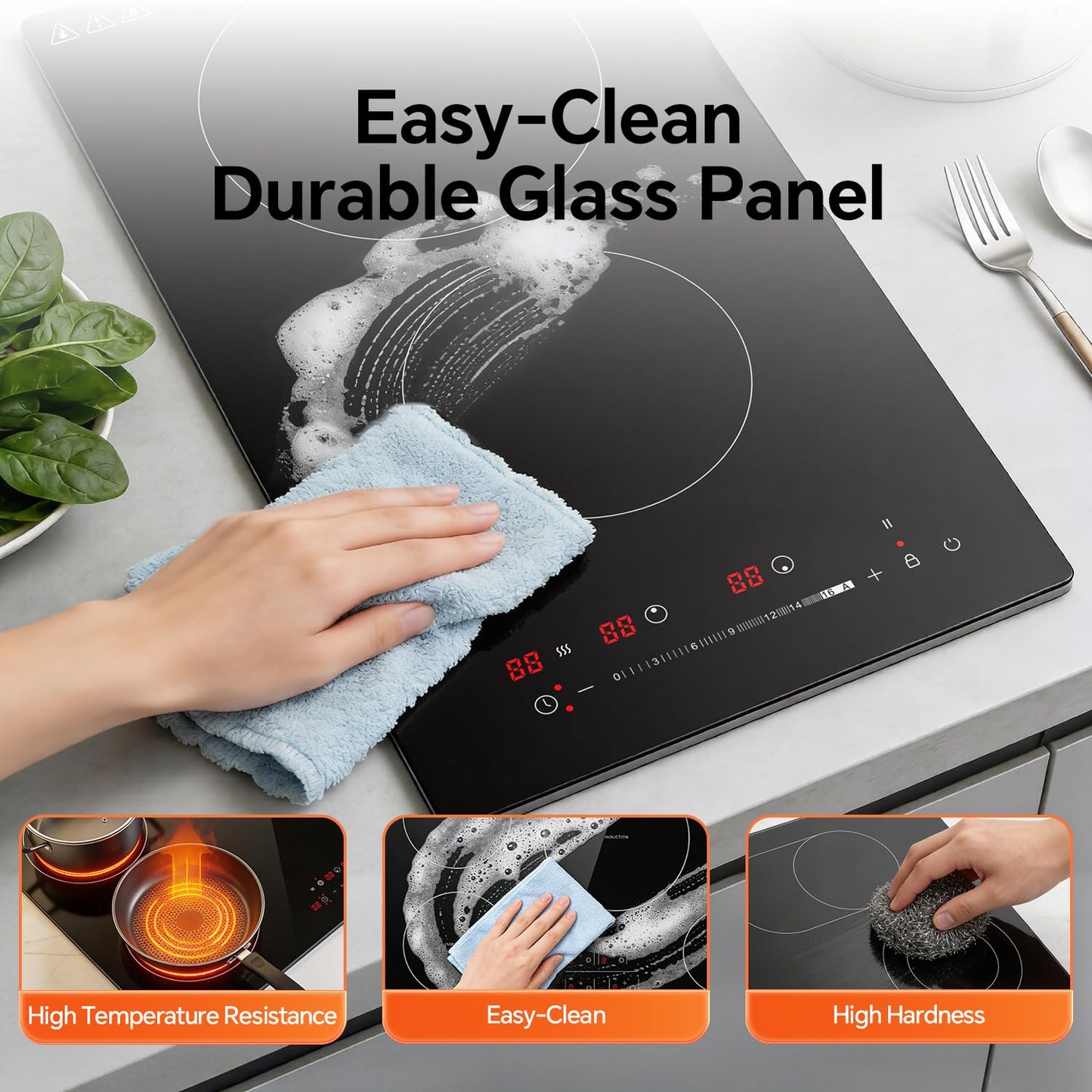 Ranein Electric Cooktop with 2 Burners, 12 inch 3000W 240V Ceramic Panel Electric Cooktop, Multiple Safety Protections Stove, Touch Screen