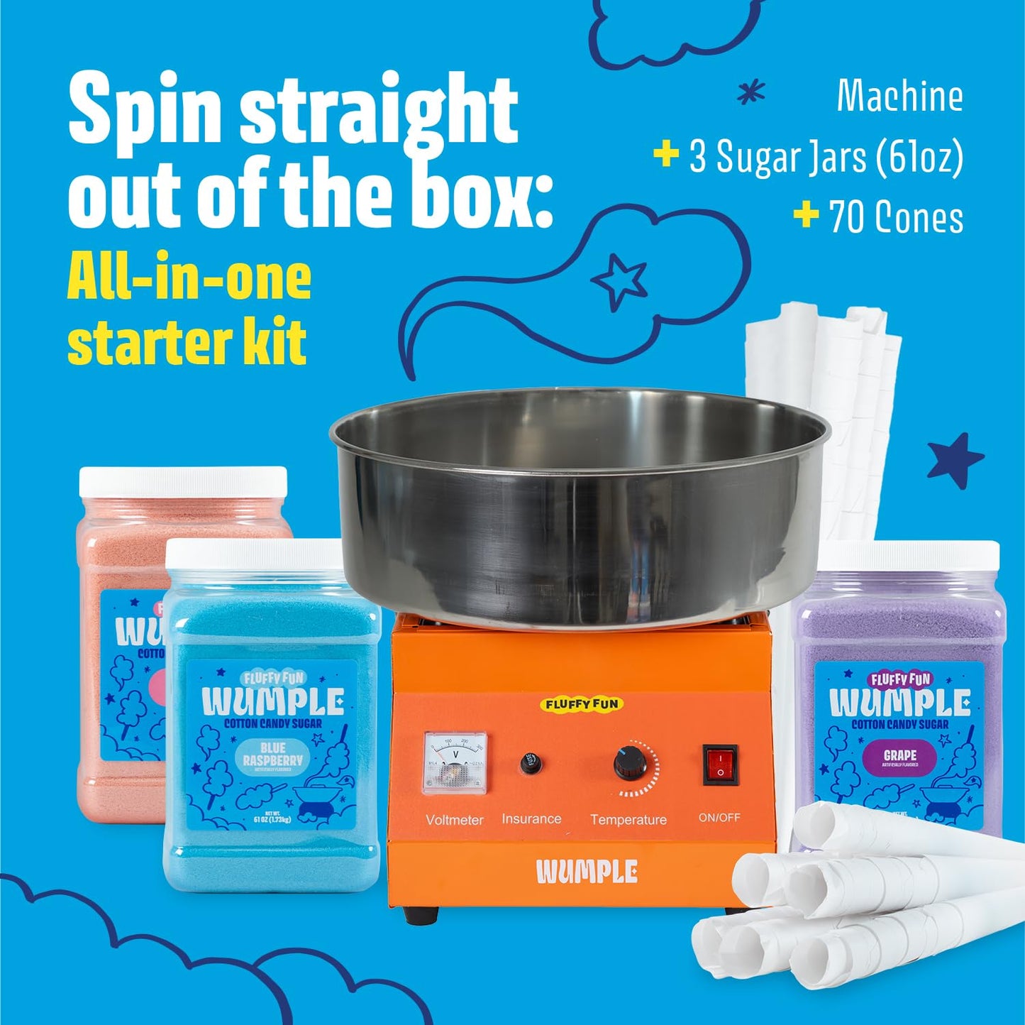 Wumple - Cotton Candy Machine Pro Bundle, Includes 3 Flavored Sugars & 70 Cones, Electric Machine with Large Stainless Steel Bowl for Parties & Business (Orange)