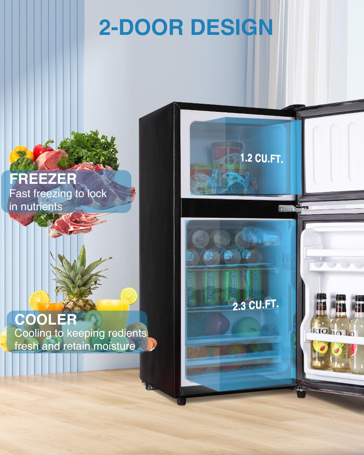EUASOO KB FLS-80-Black 3.5Cu.Ft Compact and Small Refrigerator with Freezer, Retro Fridge with Dual Door, 7 Level Adjustable Thermostat for Garage, Dorm,Bedroom, Office, Apartment, Black
