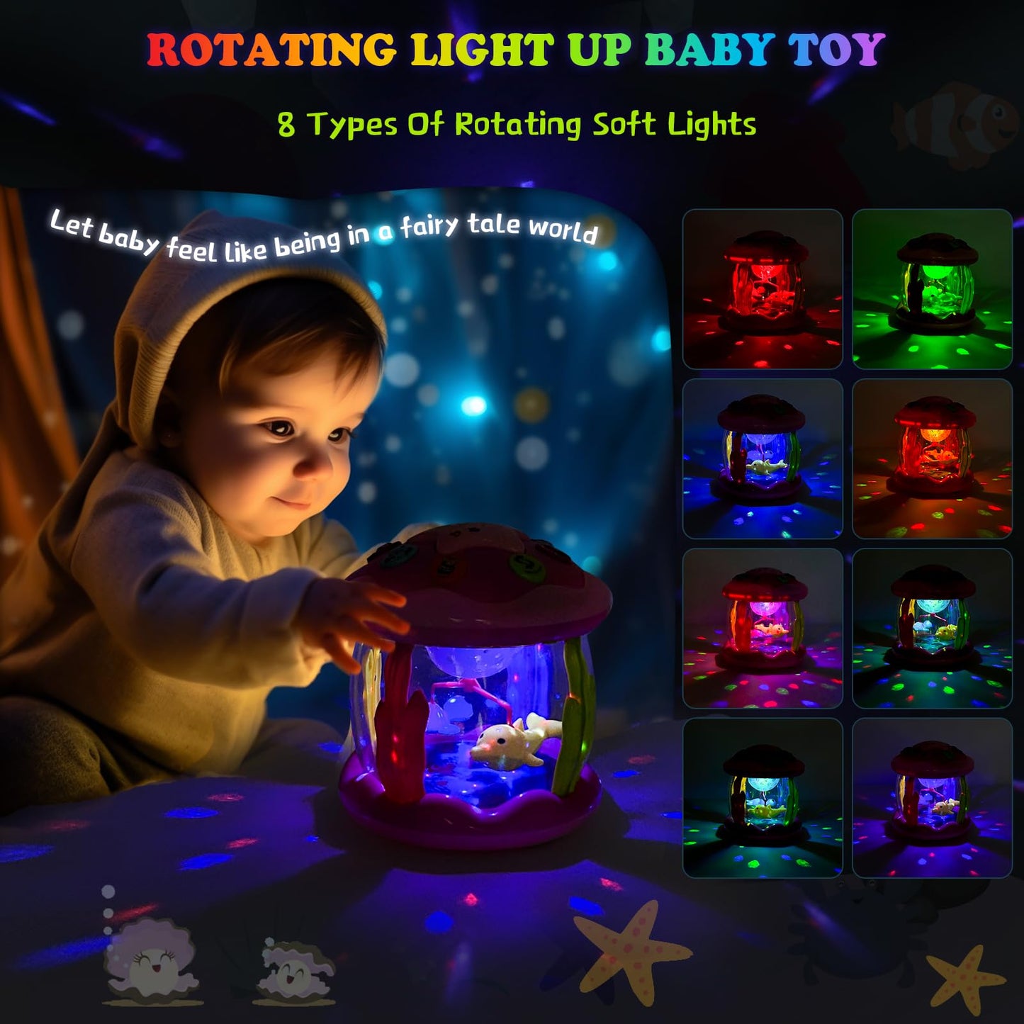 M SANMERSEN Baby Girl Toys 6-12 Months - Babies Ocean Rotating Projector Light Up Musical Toys for 12-18 Months Crawling Learning Tummy Time 1 2 Years Old Infant Boys Girls Pink