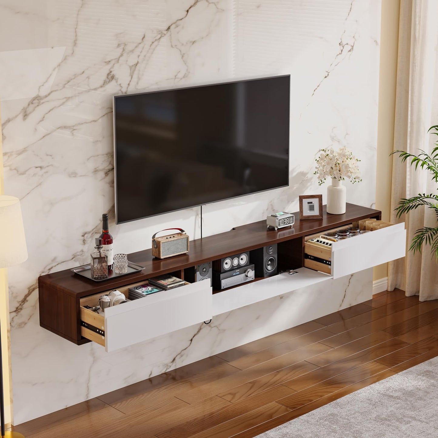 FurniNova Fully Assembled Floating TV Stand,High Gloss Wall Mount TV Console with 3 Doors, Under TV Shelf Entertainment Center for Living Room Bedroom,Walnut+White 47IN
