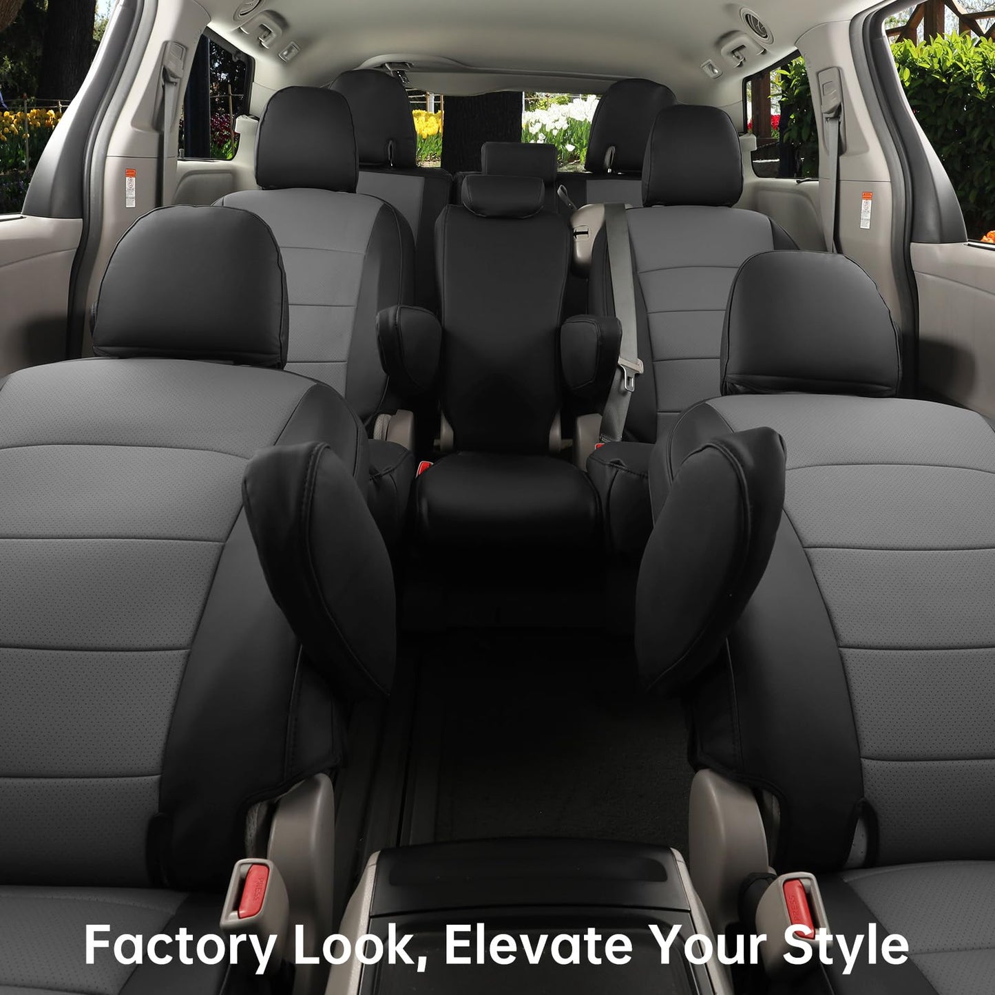 coverdream Sienna Leather Car Seat Covers Custom Fit for 2011-2020 Toyota Sienna SE,LE,XLE,SE Premium,XLE Premium,8-Seater,Full Coverage,Airbag Compatible Auto Seat Protector (Full Set,Black/Gray)