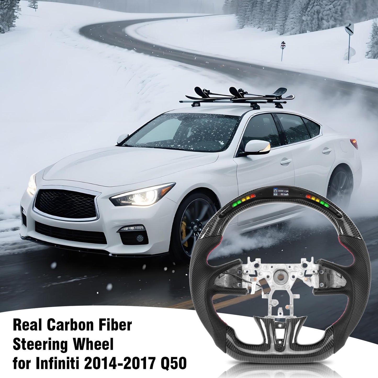 Steering Wheel for Infiniti 2014-2017 Q50 LED Display Indicator Real Carbon Fiber Steering Wheel Perforated Leather Anti-Slip for 2014-2017 Q50