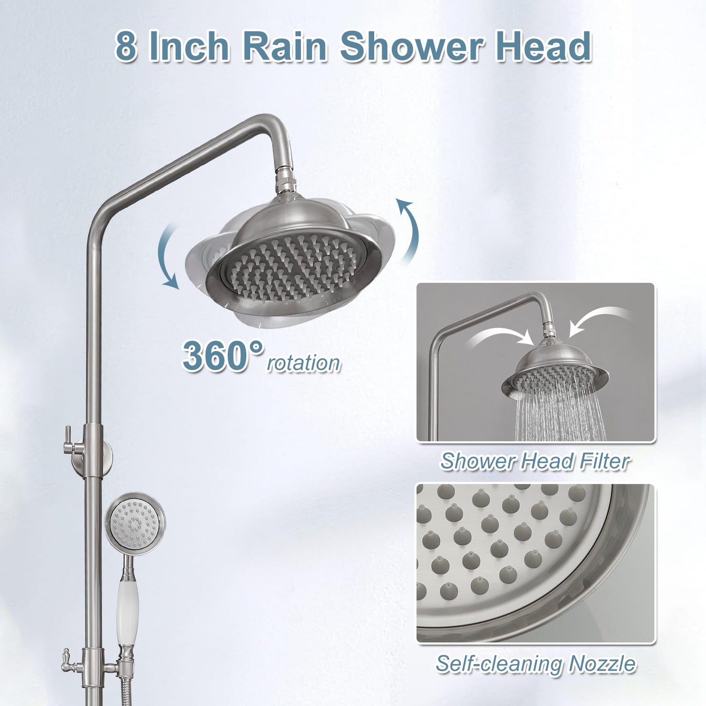 BWE Brushed Nickel Shower Faucet Set 8-Inch Rain Shower Head Handheld Sprayer and Rotatable Tub Spout Triple Function Wall Mount Shower Fixture Combo System Stainless Steel