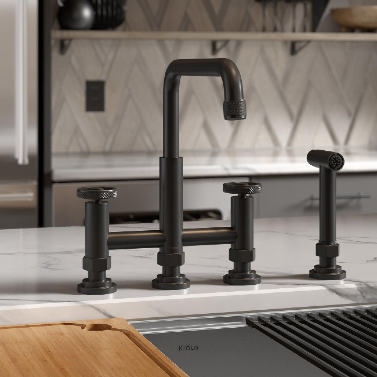 KRAUS Urbix Industrial Bridge Kitchen Faucet with Side Sprayer in Brushed Gold, KPF-3125BG