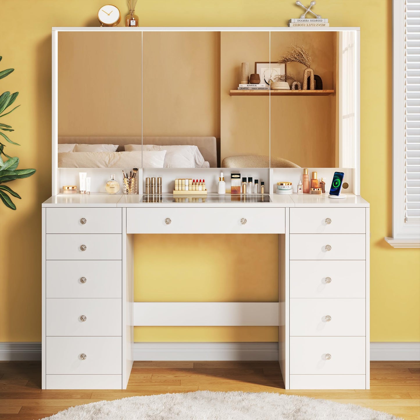 HUAHUU 50'' Glass Top Makeup Vanity with 11 Drawers, White Vanity Desk with Large LED Mirror & Lights, Built-in Charging Station & 3 Light Modes, Brightness Adjustable, 8 Hidden Shelves, White