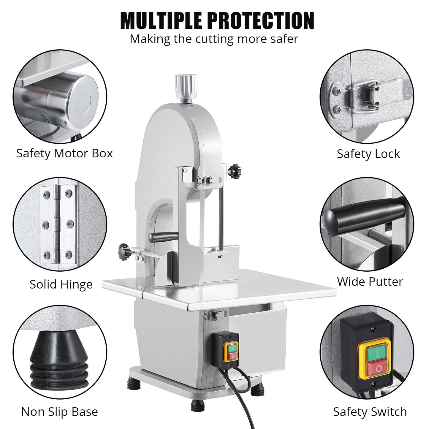 Commercial Electric Meat Band Saw 1100w, Bone Cutting Machine with Stainless Steel Worktable 19.3 x 15 in, 0.16–7.9" Cutting Thickness, Includes 5 Saw Blades, for Frozen Beef Pork Fish Chicken