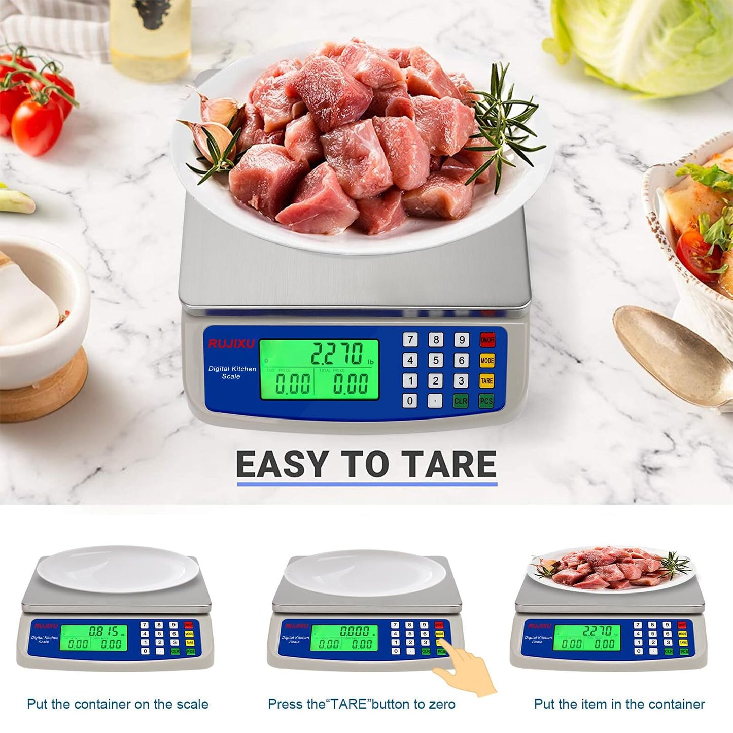 Large Digital Kitchen Scale 22LB Commercial Scale for Food Baking Bread Cooking Meat,Stainless Steel Price Computing Scale with LCD Display,Prep Counting Scale for Parts and Coins,Adapter Included