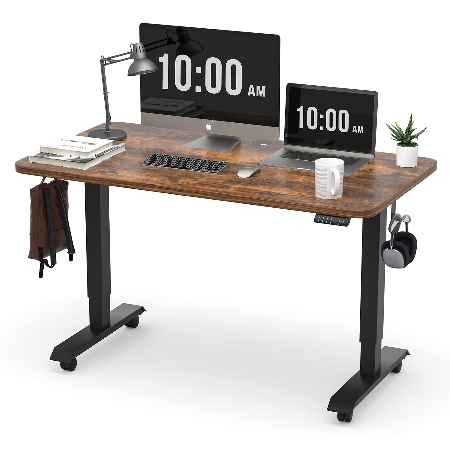 Monomi Electric Height Adjustable Standing Desk, 48x24 Inches, Ergonomic Home Office Sit/Stand Up Desk with Two-Piece Desktop (Black Steel Frame/Rustic Brown Top)