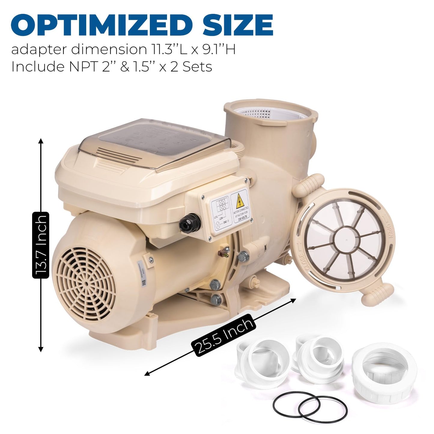 XtremepowerUS 2HP SuperFlow Variable Speed Swimming Pool Pump 230V, InGround 7,860 GPH 1.5" 2" Fitting Adapter, Self Priming Compatible EC-342001 Max 2.2HP