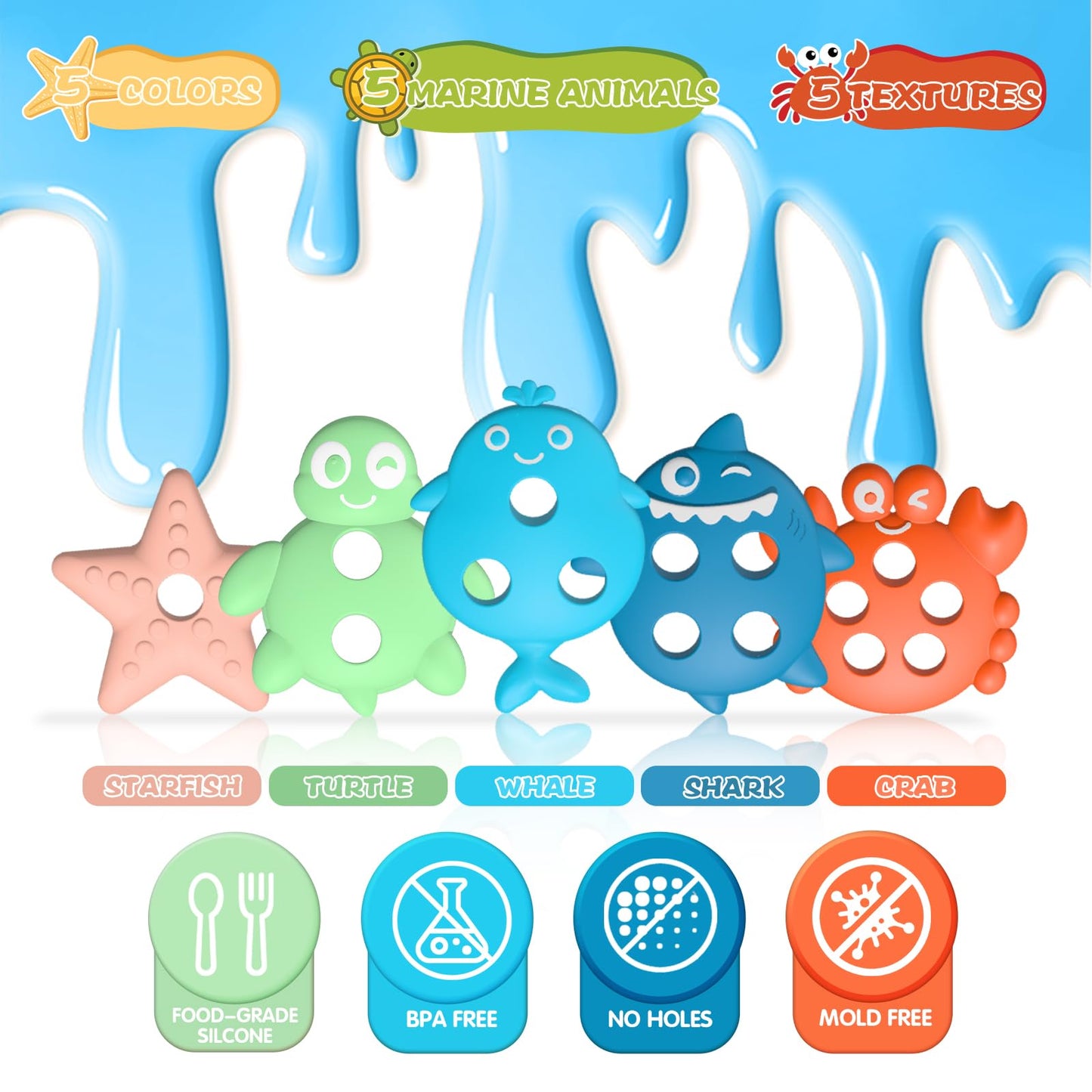 Baby Bath Toys, Premium Silicone Mold Free Ocean Animal Shape Sorting & Stacking Toddlers Bath Toys, No Hole Bathtub Floating Toys Gift for Boys Girls, Early Learning Sensory Water Toys, Bathtime Fun