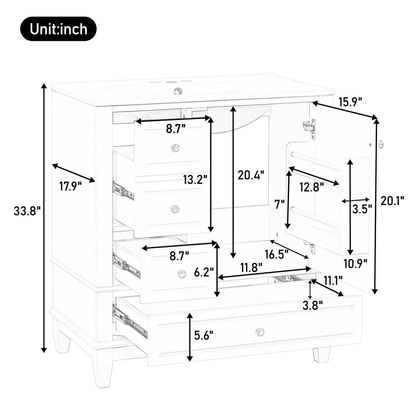 30" Bathroom Vanities with Ceramic Sink, Multi-Functional Modern Wood Storage Cabinet Organizer Door Shelf, Left Side Drawers, Soft-Closing Door, Gray