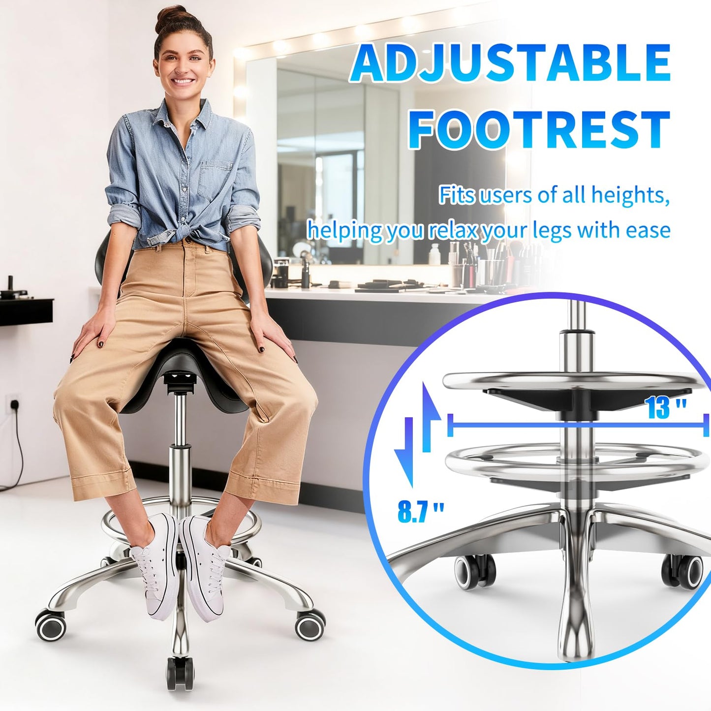 Saddle Chair with Back Support - Adjustable Height with Foot Rest，350 LBS Capacity Ergonomic，360° Swivel Drafting Chair for Salon，Spa，Massage，Tattoo，Facial lash，Home, Dentist Clinic (Black)