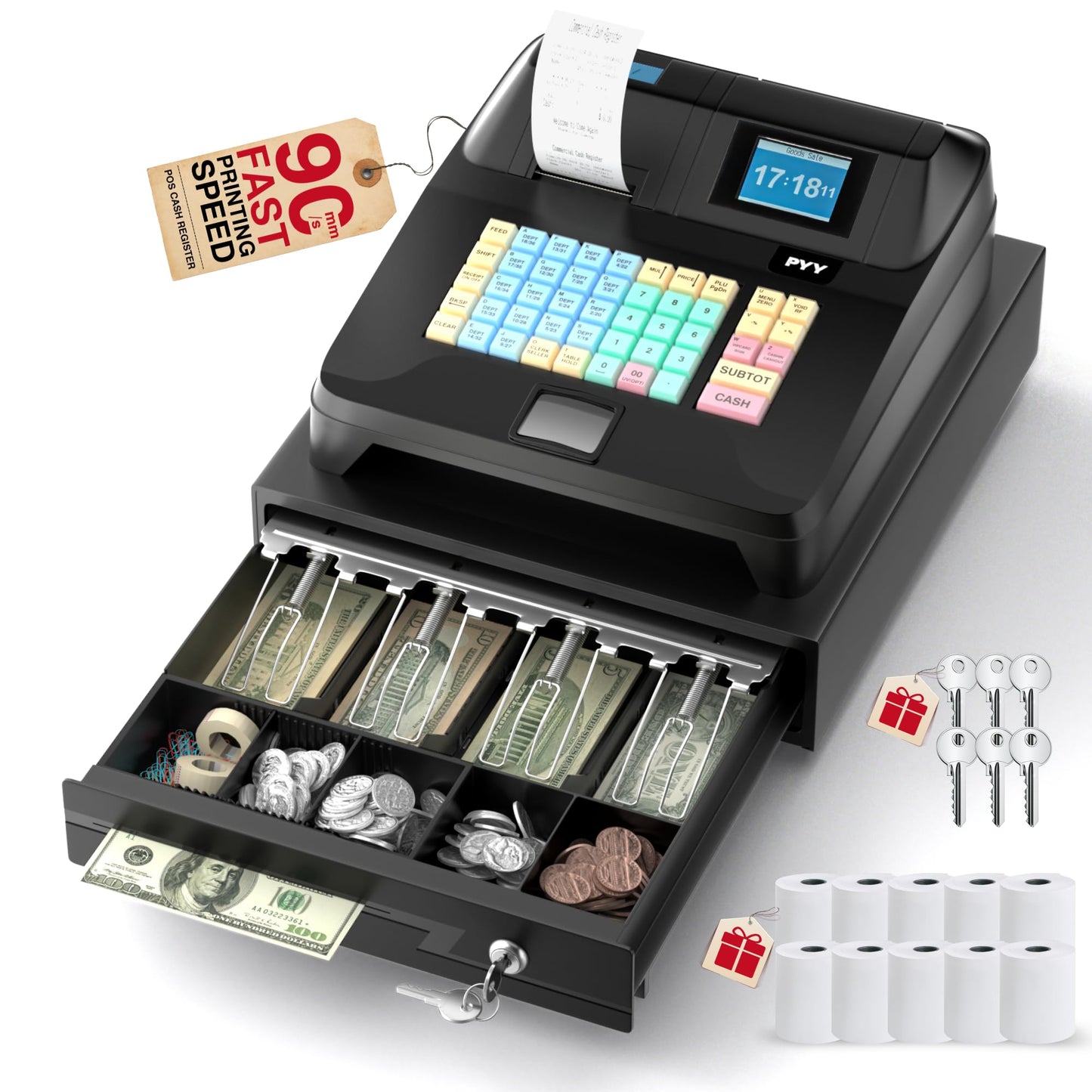 PYY Cash Register for Small Businesses - Electronic Commercial Caja Registradora para Negocio with Locked Cash Drawer Box, 8 Digital Dual Display, 48 Keys, Restaurant Supermarket Retail System