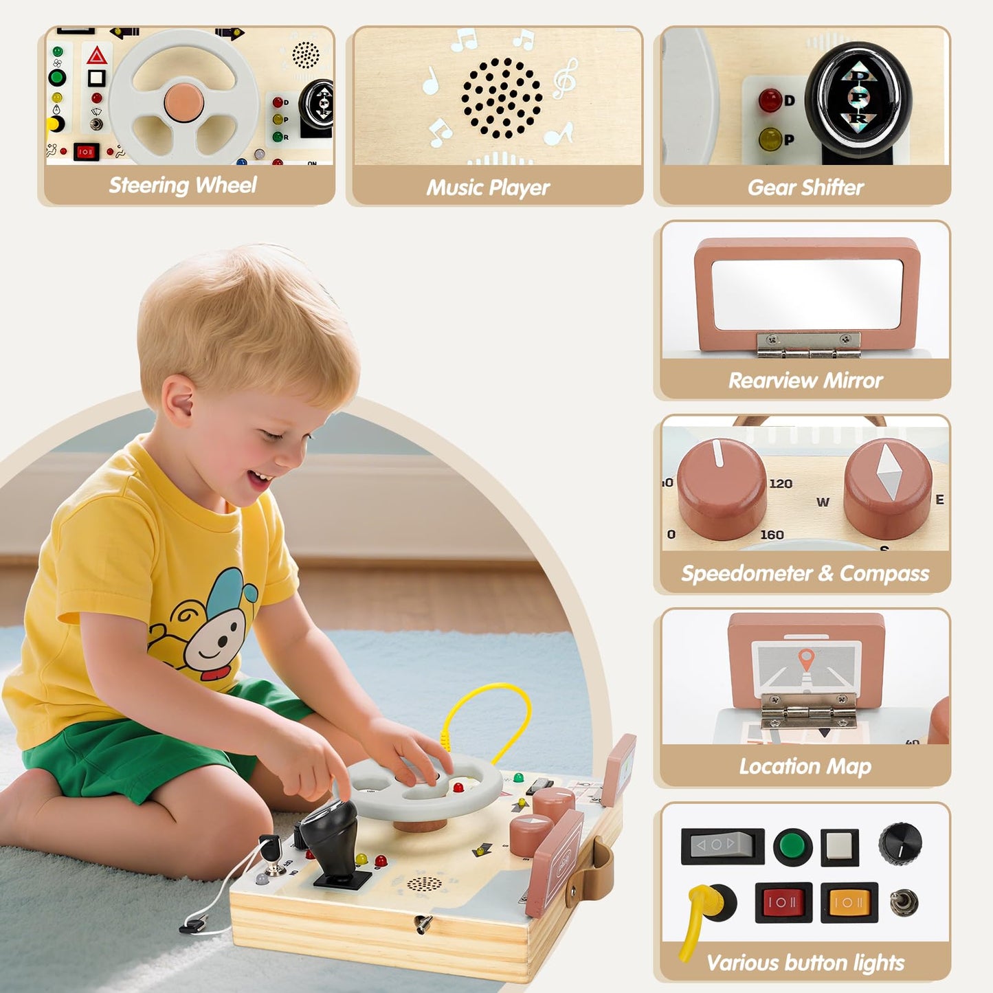 Joyreal Toddler Busy Board with LED Lights, Steering Wheel, Sounds, Montessori Toys for 1+ Year Old, Fidget Board Sensory Travel Toy, Gifts for Boys and Girls