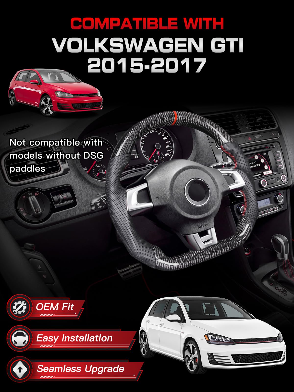 TESFEEL Real Carbon Fiber Steering Wheel for Volkswagen GTI 2015-2017 Nappa Perforated Leather with Hand Stitching D-Shaped