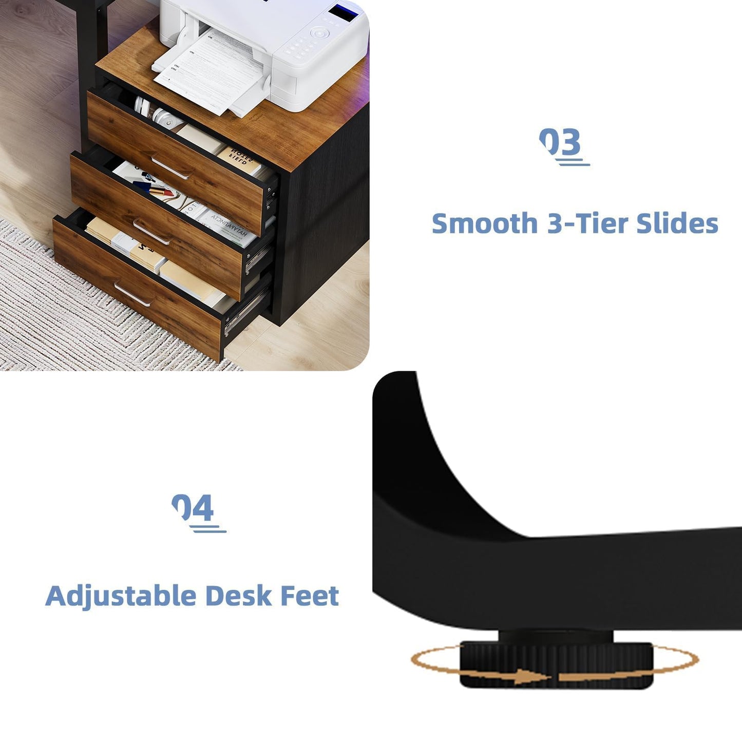 MaverickFurni 67'' Computer Desk with Drawers, Black Desk with Storage and Monitor Stand, Home Office Desk with LED Lights, Black and Walnut