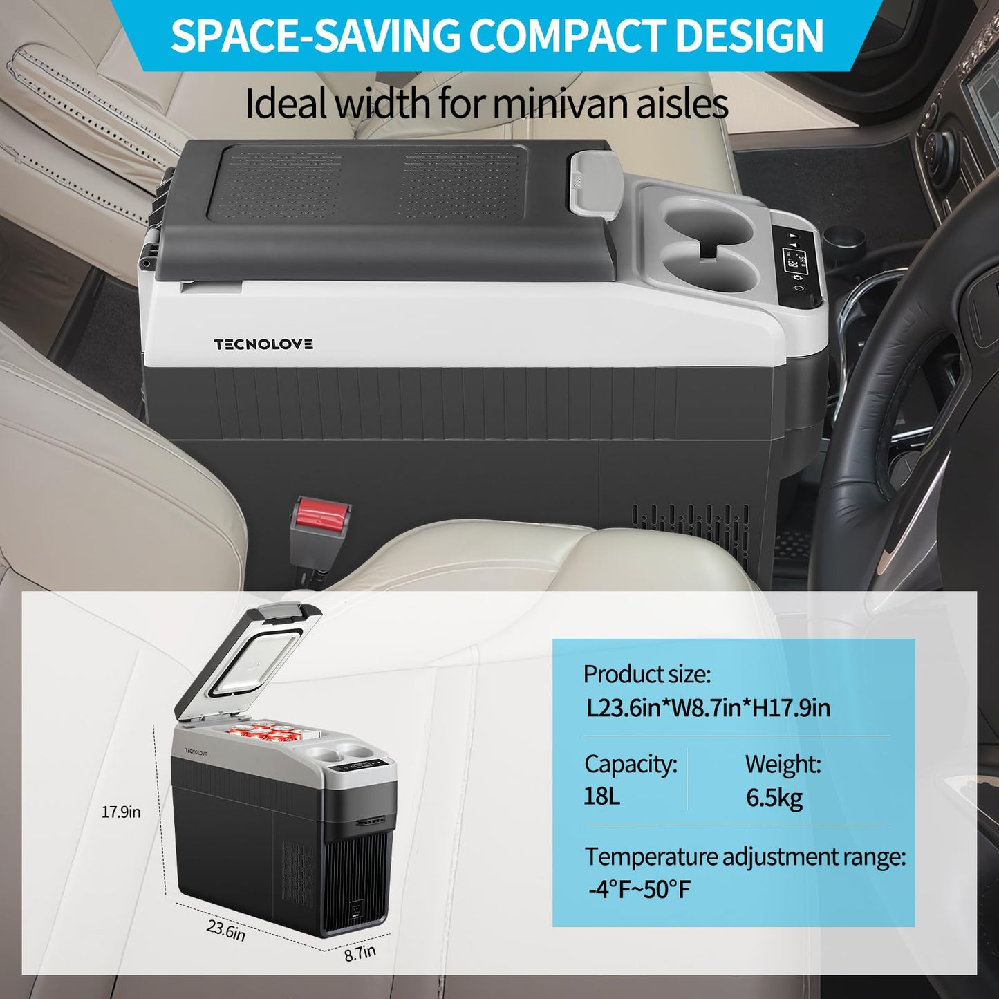 Tecnolove 12 Volt Center Console Fridge, Car Refrigerator 19QT (18L) Cooler (-4℉–50℉), Car Refrigerator, Portable Electric Cooler with 12/24V DC&110V AC for MPV Van
