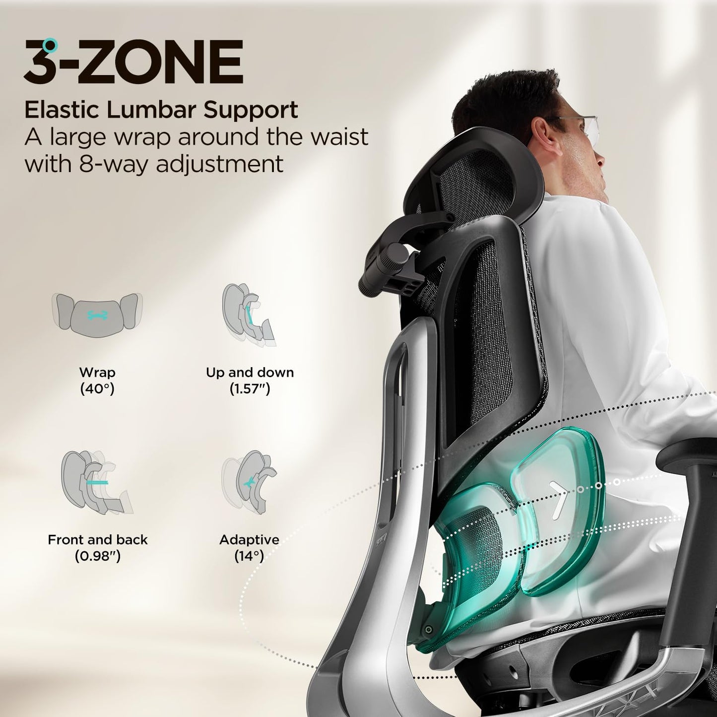 Hbada E3 Air Ergonomic Office Chair, Big and Tall Office Chair - with 3-Zone Dynamic Lumbar Support, 3D Adjustable Headrest, 3D Adjustable Armrests, Swivel Computer Chair, Black(No Footrest)
