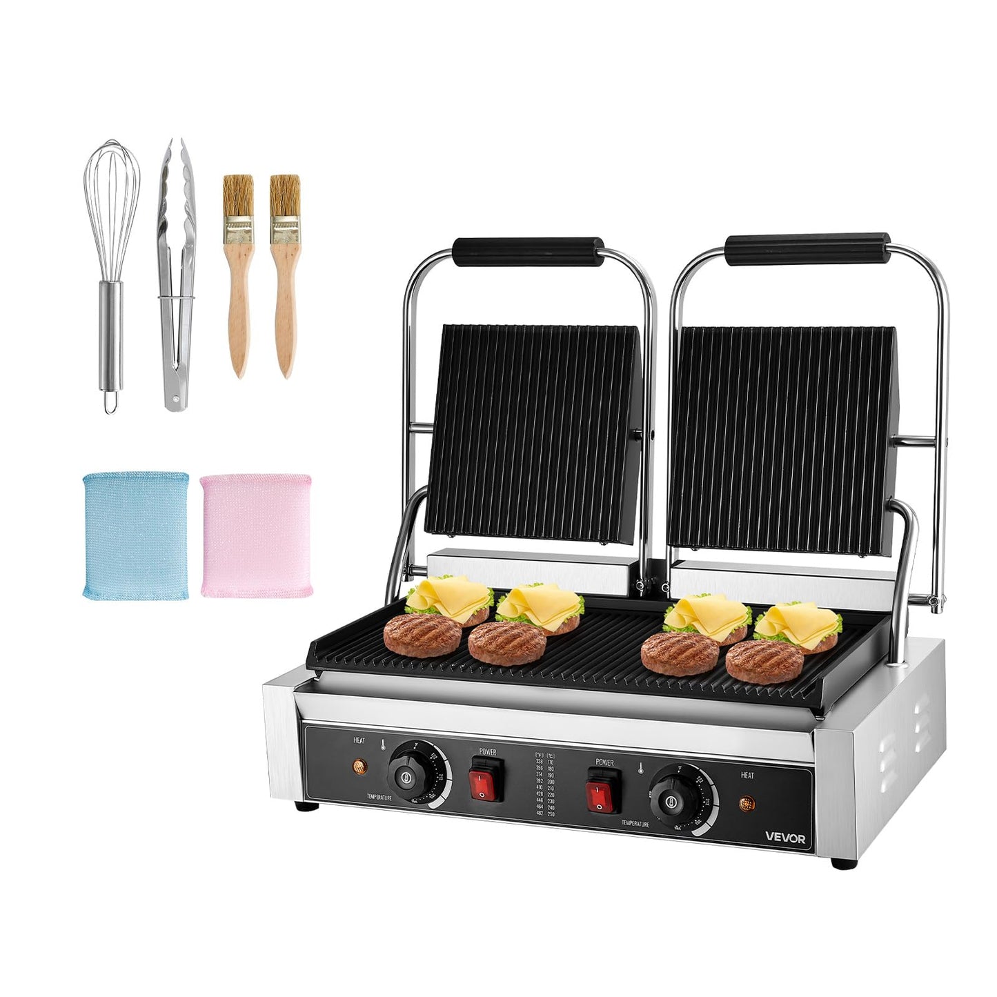 VEVOR Commercial Panini Grill, 3600W Electric Sandwich Panini Maker, Stainless Steel Double Sandwichs Press with Handle and Temp Control, 19x9 in Full Grooved Enamel Plate, for Hamburger Steak Bacon