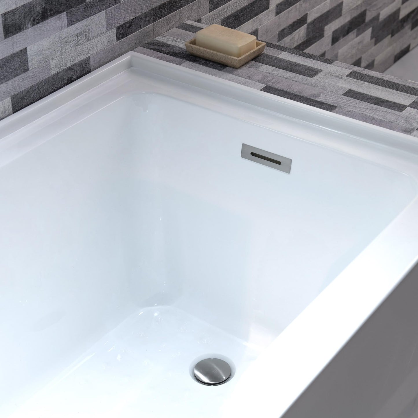 WOODBRIDGE 60" Acrylic Rectangular Alcove Soaking Bathtub in White with Right Drain, Brushed Nickel Pop-Up Drain Included BA6030R