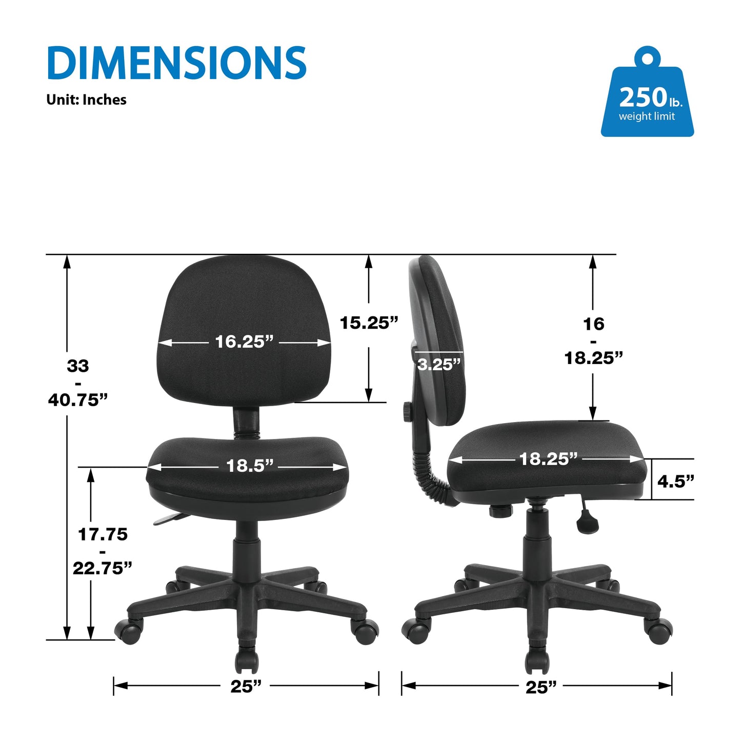 Office Star Pneumatic Sculptured Office Task Chair with Thick Padded Seat and Built-in Lumbar Support, Black