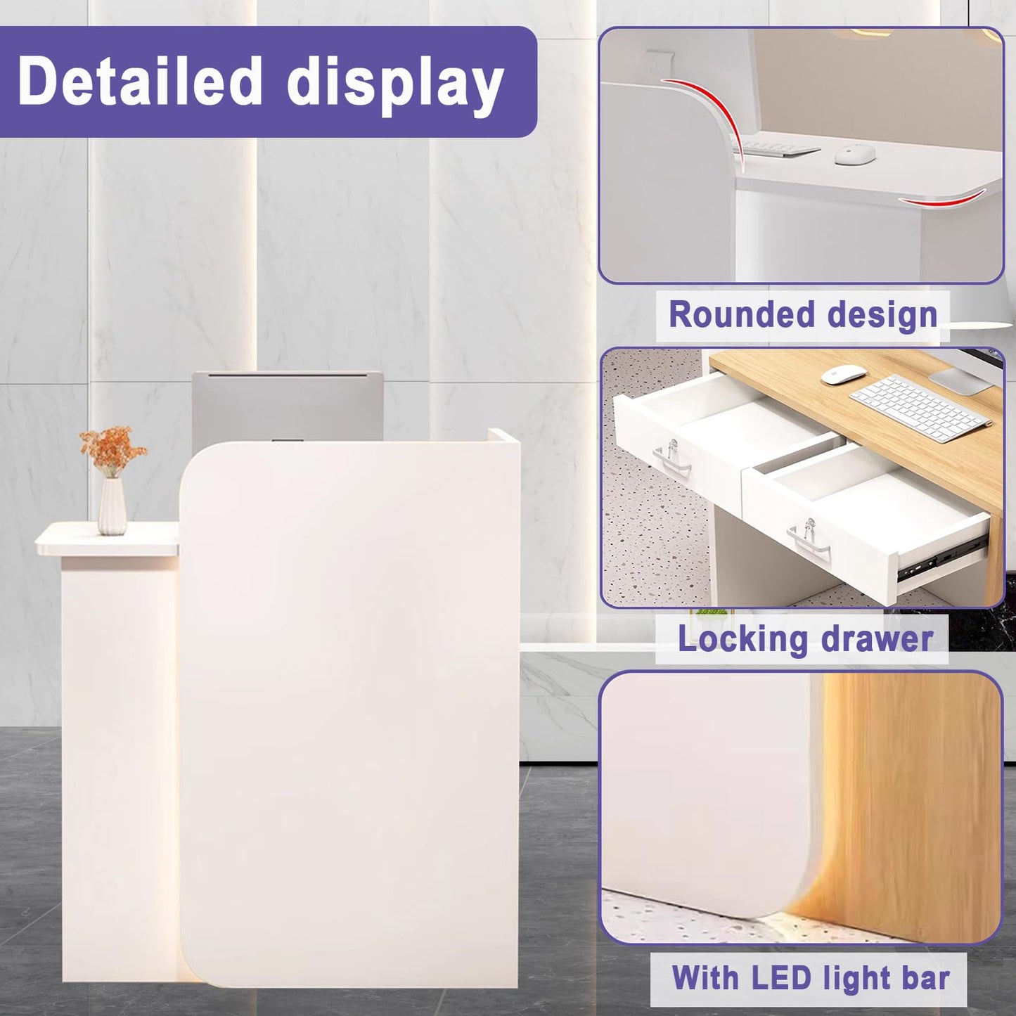 BFECGDXT Small Reception Desk for Salon, Modern Front Desk Reception Counter L-Shaped with Lockable Drawer, for Clothing Beauty, Left Corner 39.4in