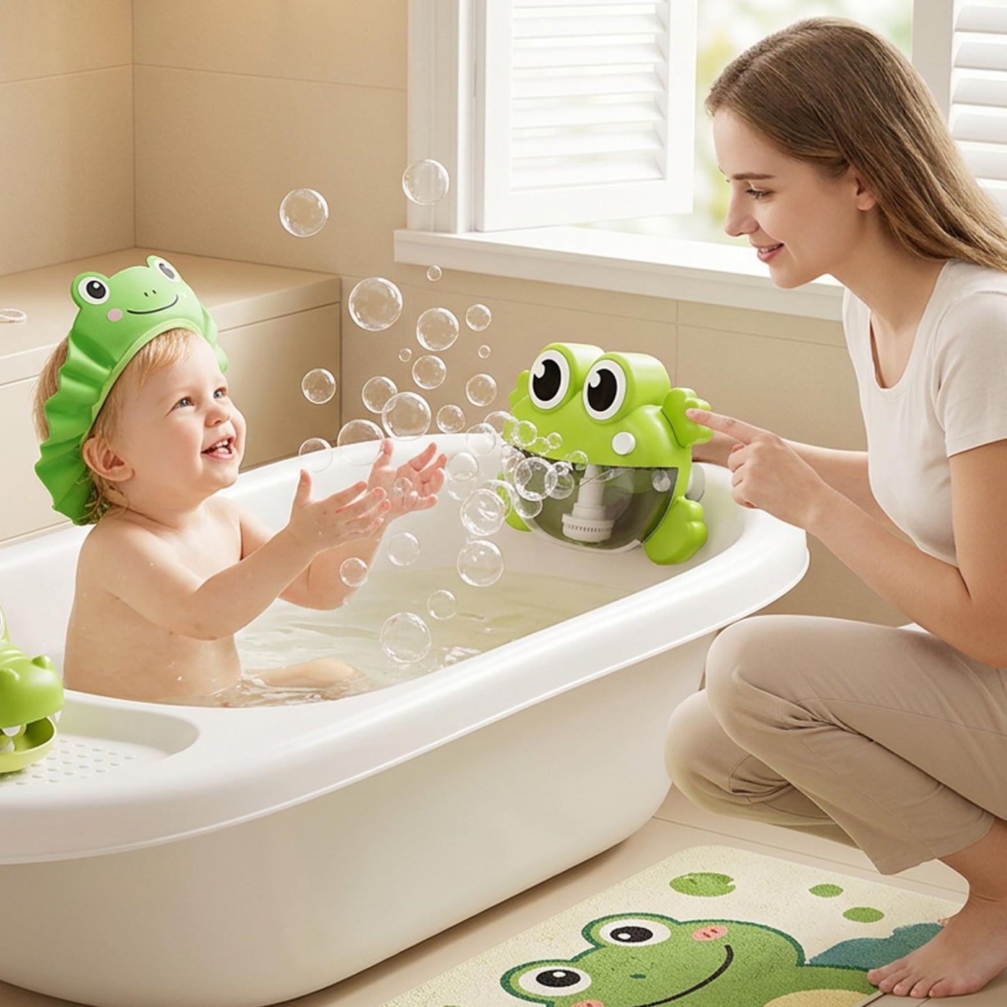 Bonalake Bath Bubble Machine - One-Button Frog Bath Toy with Suction Cup, Fun Bathtub Toy for Toddlers & Kids, Green