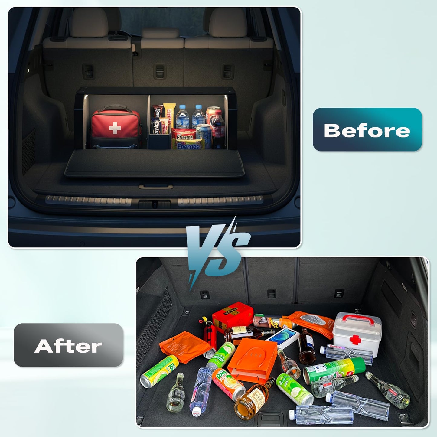 Car Trunk Organizers with LED Light, SUV Trunk Storage Box with Light, Trunk Organizer with Magnetic Lid & Sturdy Handle, Waterproof Car Storage Powered by 4 AA Batteries(Batteries Not Included)