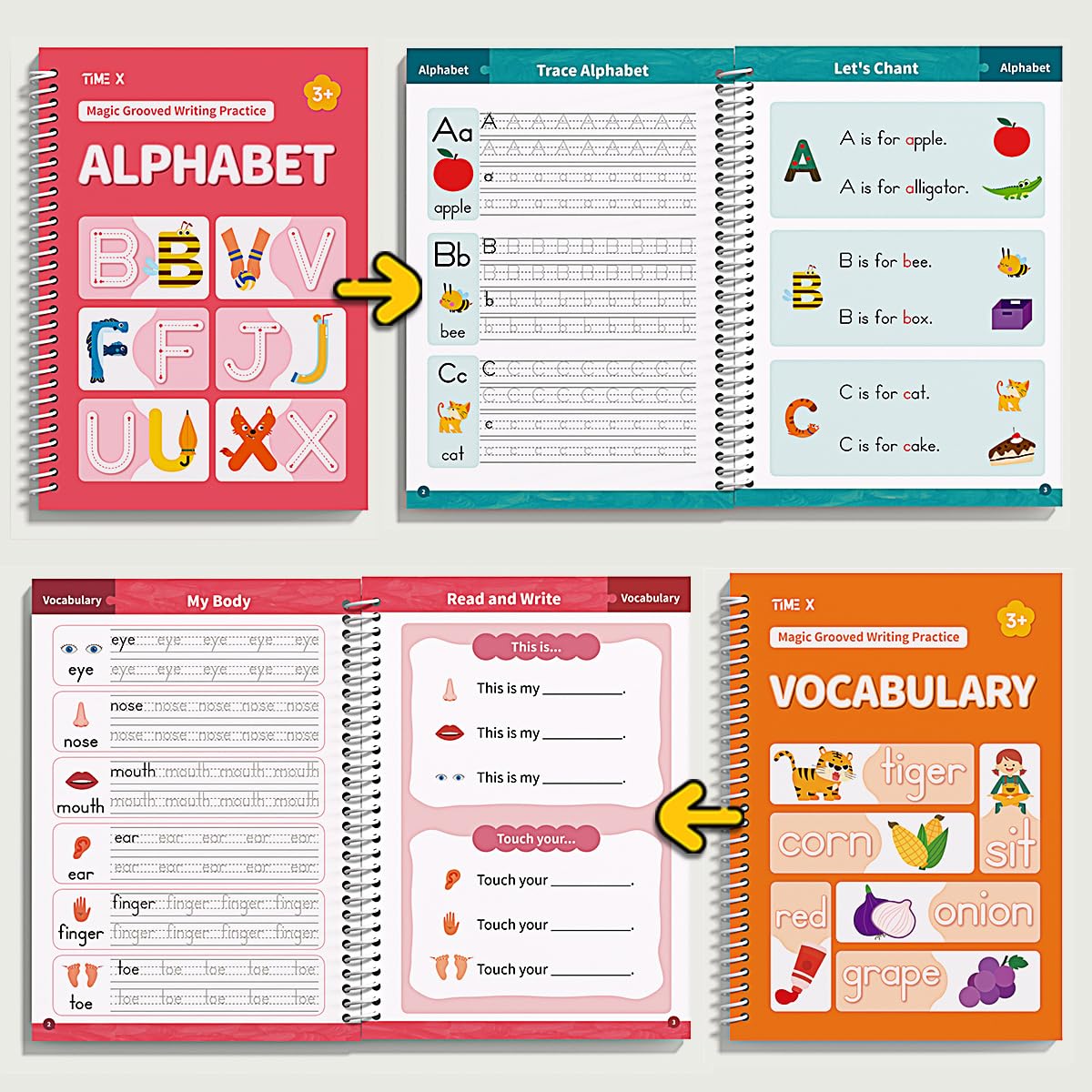 TIME X Magic Grooved Writing Practice Books, Reusable 3D Groove Handwriting Practice Workbooks for Kids Ages 3-8, Large Preschool Writing Books with Disappearing Ink for Kids 5-7 (Practice 6-Books)