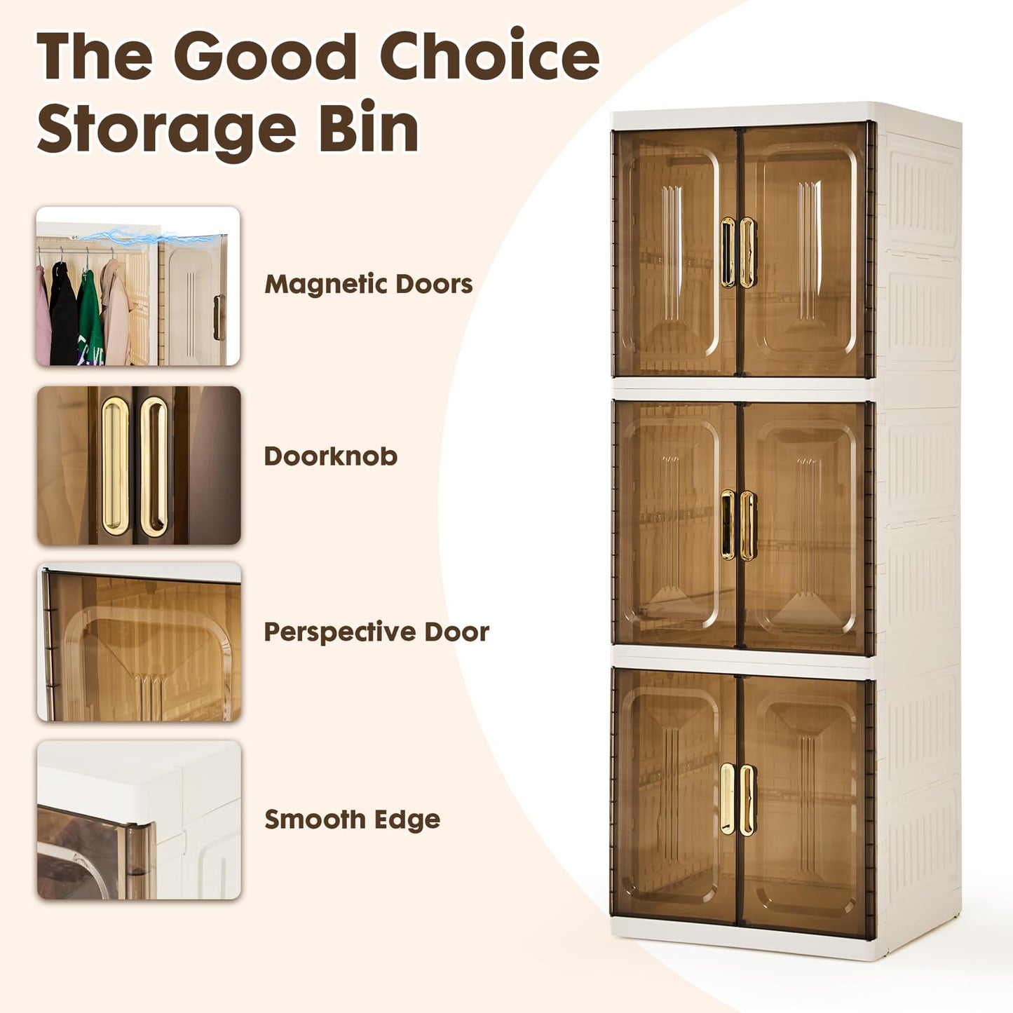 YHB Portable Closet Storage Cabinet, Pet Collapsible Clothes Organizers, White, Collapsible Wardrobe with Visualization Doors, Rolling Wheels for Hanging Long Skirts, Dresses, Suits, etc