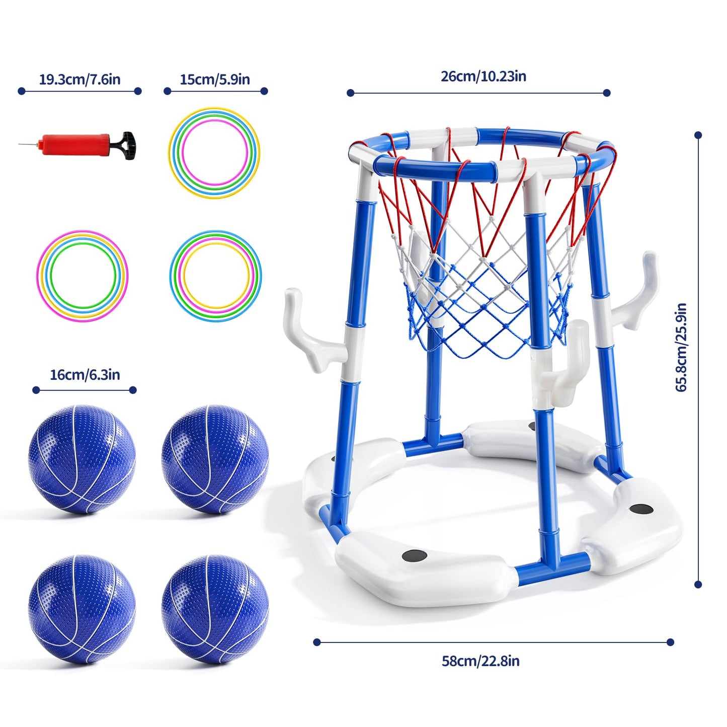 Sitodier Pool Basketball Hoop for Kids, 2-in-1 Floating Pool Basketball Play Toys and Ring Game with 4 Balls and Pump, Outdoor Summer Swimming Pool Basketball Games Family Party for Kids Adults (Blue)